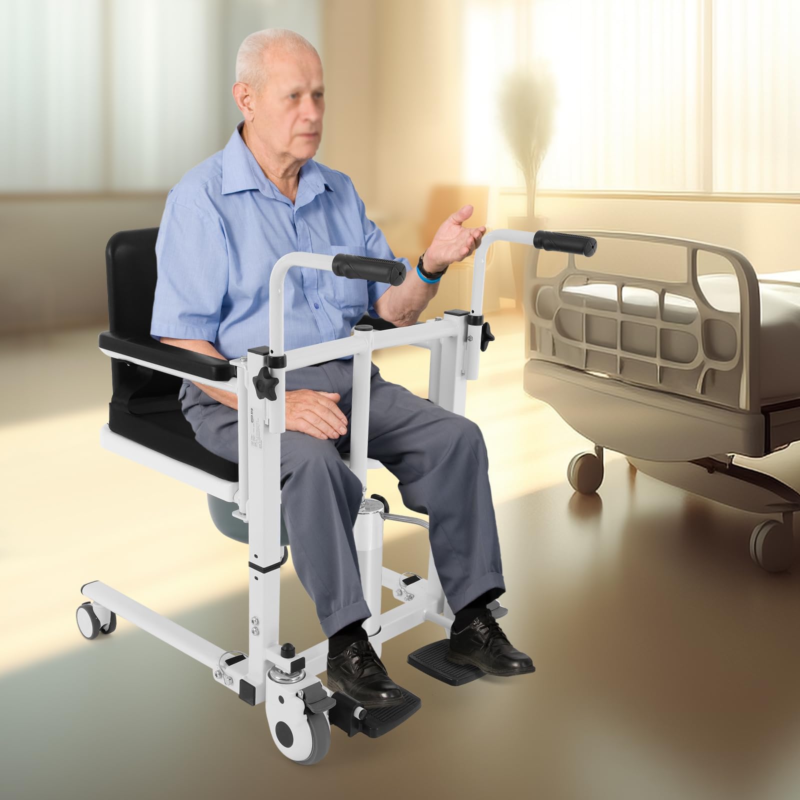 Silla elevadora hidráulica para pacientes, asiento dividido de 180°, silla de transferencia para pacientes para el hogar, silla de ruedas de transporte regulable en altura con mesa, silla de