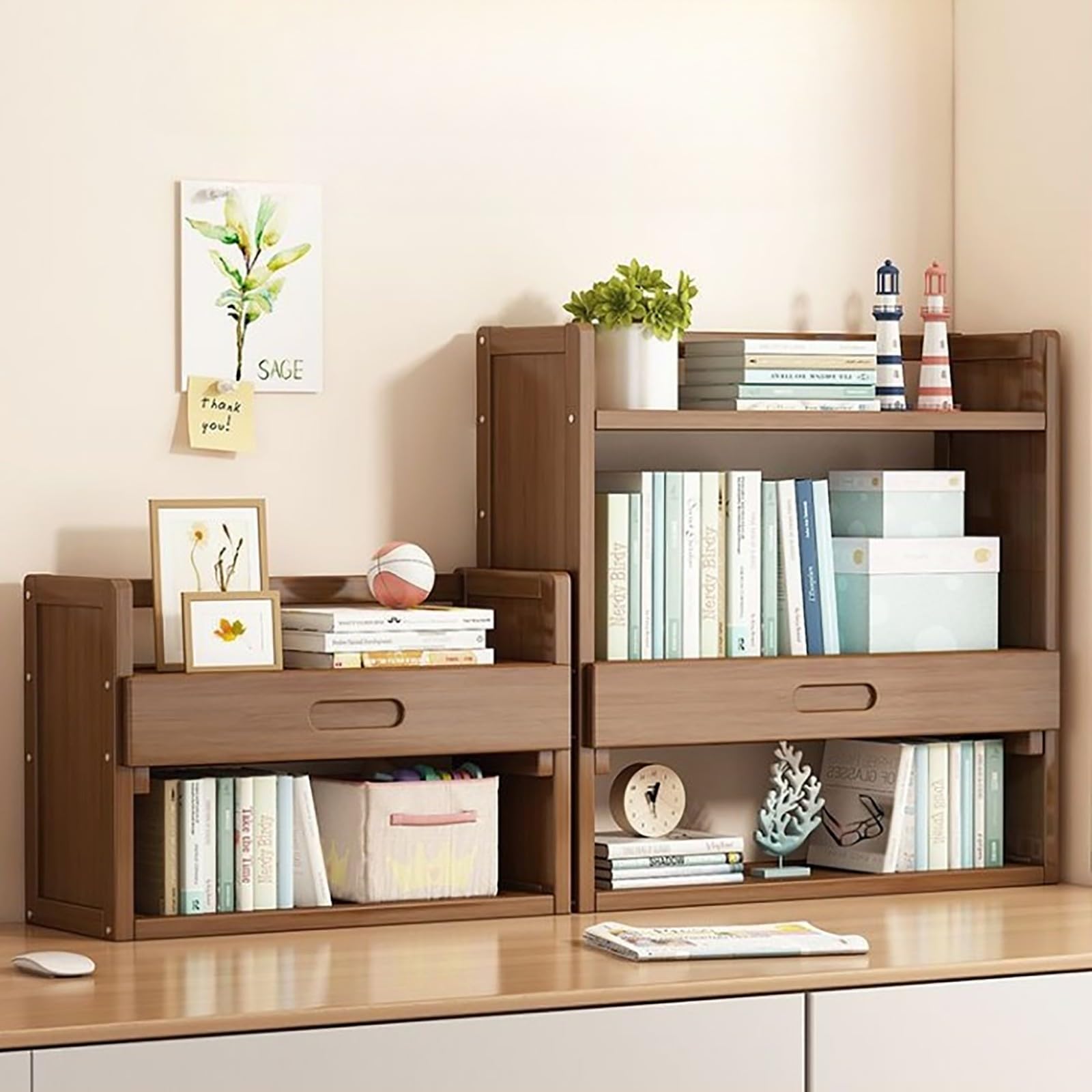 Schreibtisch-Organizer aus Holz mit Schubladen für Heimbürobedarf, zweilagig, 66 cm, Schreibtisch-Bücherregal