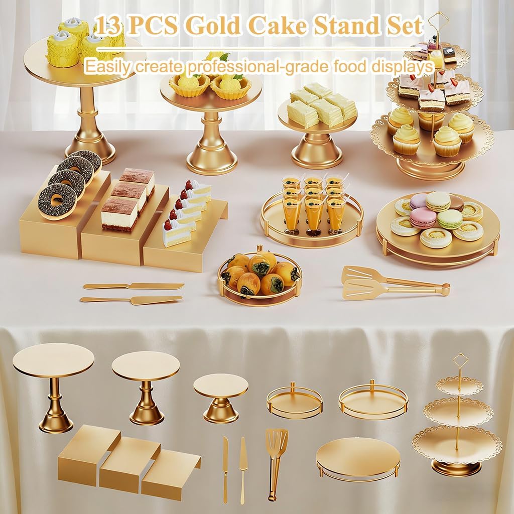 13PCS Gold Cake Stand Set, Metal Dessert Table Display Set with Cupcake Stand, Cake Displays Stands, Cake Cutting and Server Tong Set for Wedding Party Birthday Baby Shower Celebration
