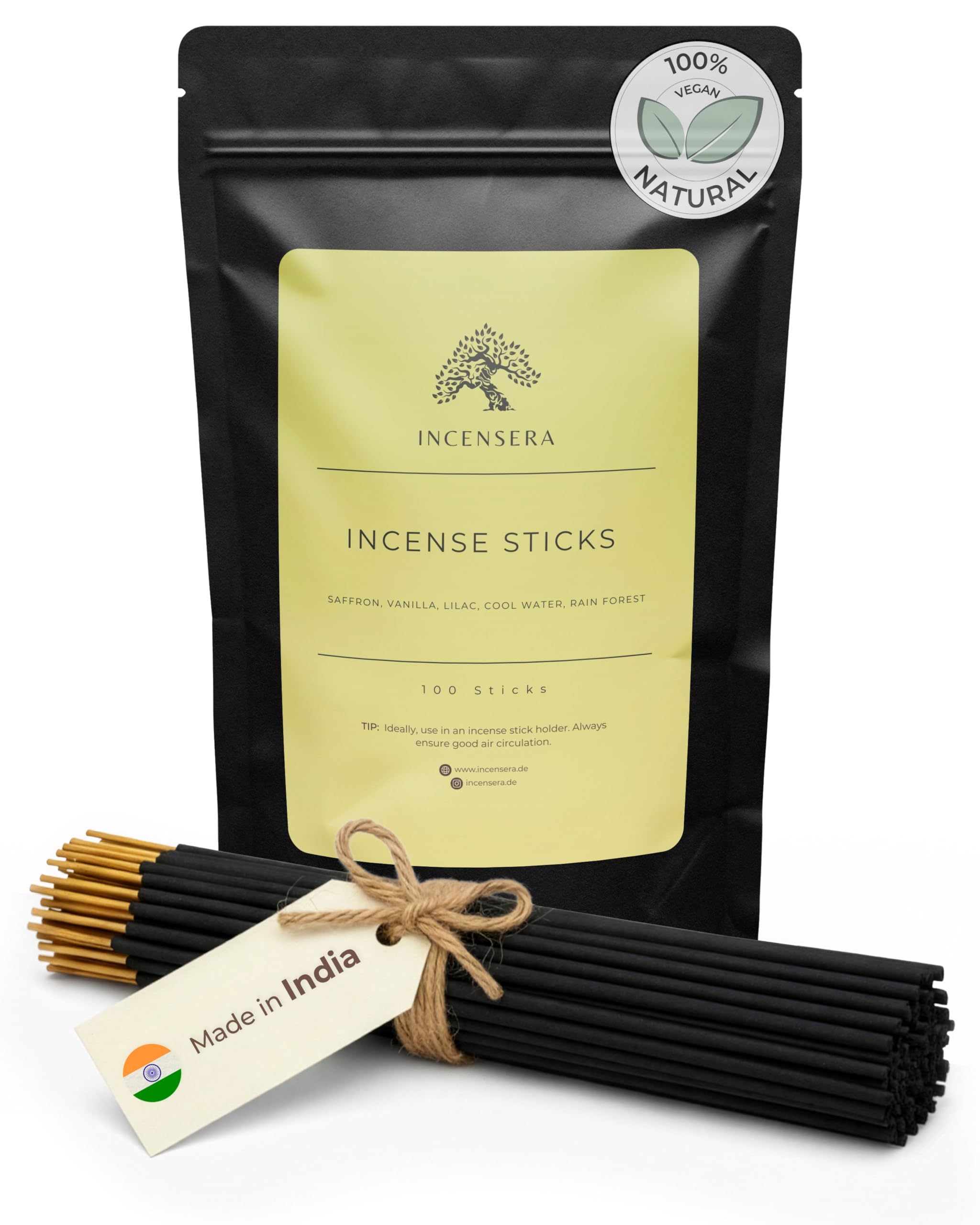 Incensera Insensé Sticks Set – 100 Natural Incense Sticks Multipack (5×20) – Saffron, Vanilla, Lilac, Cool Water & Rain Forest Insense – Aromatherapy incence for Relaxation, Meditation & Yoga