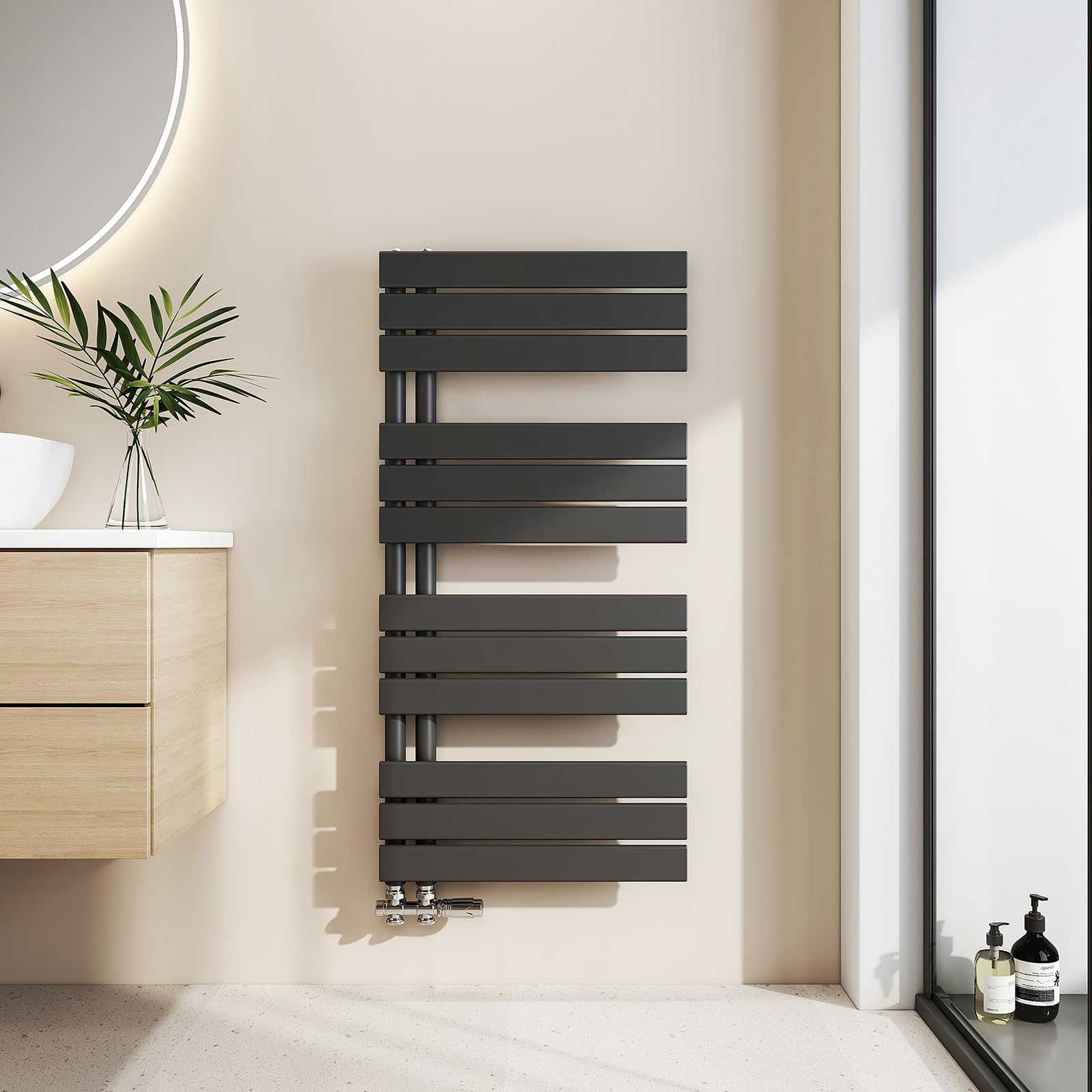 EMKE Toallero Baño Radiador Plano, toallero de Paneles, 1041 x 500 mm, Negro, secador de Toallas con conexión Lateral, 529W, radiador secador de Toallas de Agua Caliente