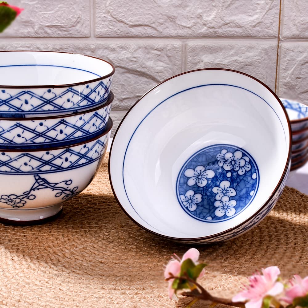 Amazon.com | Porcelain Rice Bowl Set of 4, 4.5'' Blue Floral Grid