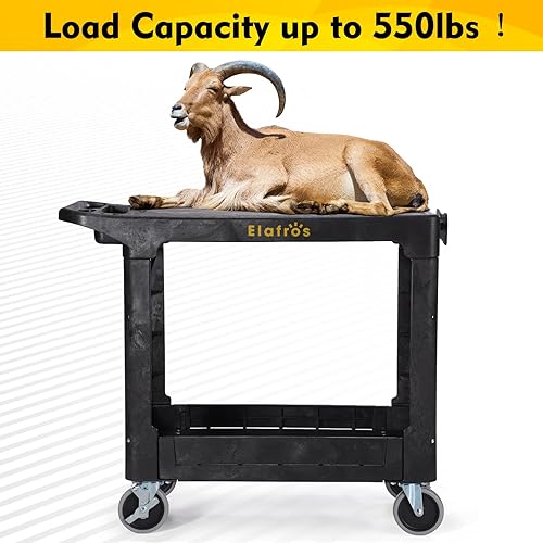 Miniatura 6 de ELAFROS Carro Utilitario de Plástico Resistente, 37 x 18.8 pulgadas, Tapa Plana, Ruedas Giratorias, Capacidad de 550 libras, Negro