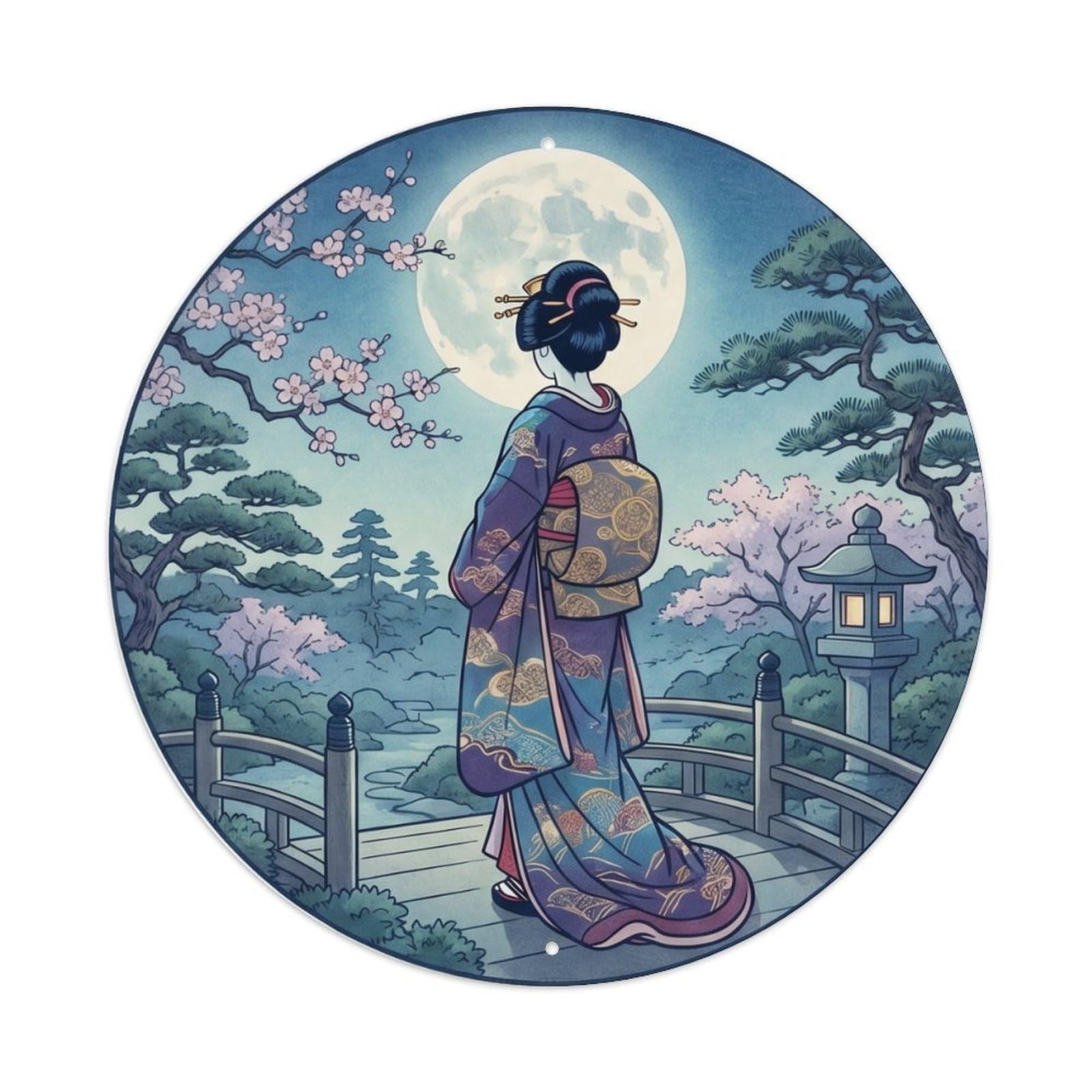 Galvaxio Style Japanese Kimono Woman Viewing Moon With Tranquility Metal Tin Sign