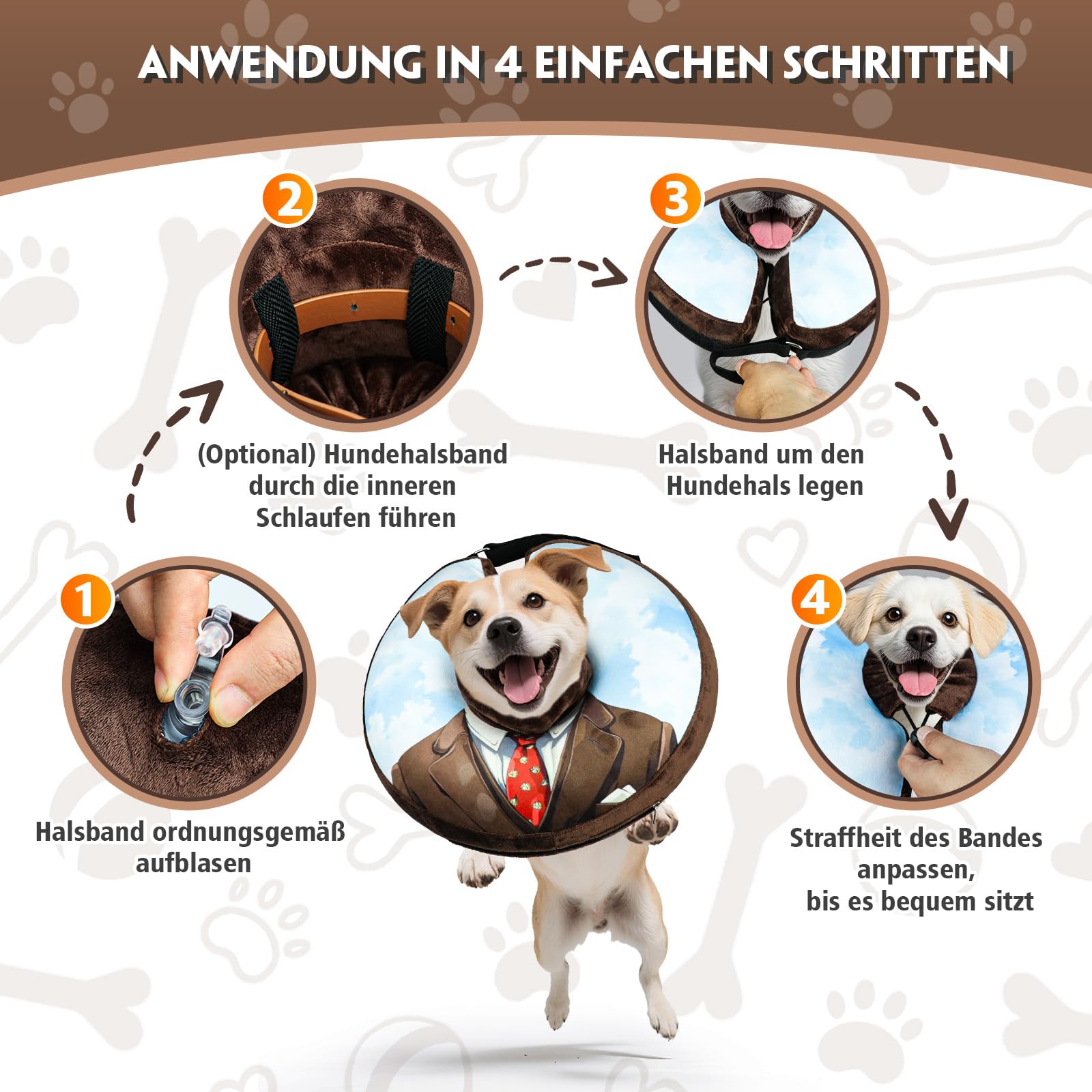 Aufblasbare Halskrause für Hunde & Katzen - Weicher Leckschutz-Kragen mit verstellbarem Kordelzug, Ideal nach Operationen oder bei Wunden, Sicht bleibt frei, L