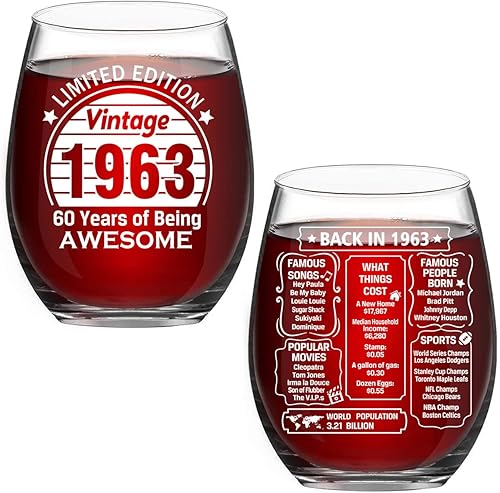 QUPT Regalos de cumpleaños número 60 para hombres, mujeres y amigos, copa de vino sin tallo de 15 onzas, impresa a doble cara, regalos divertidos de