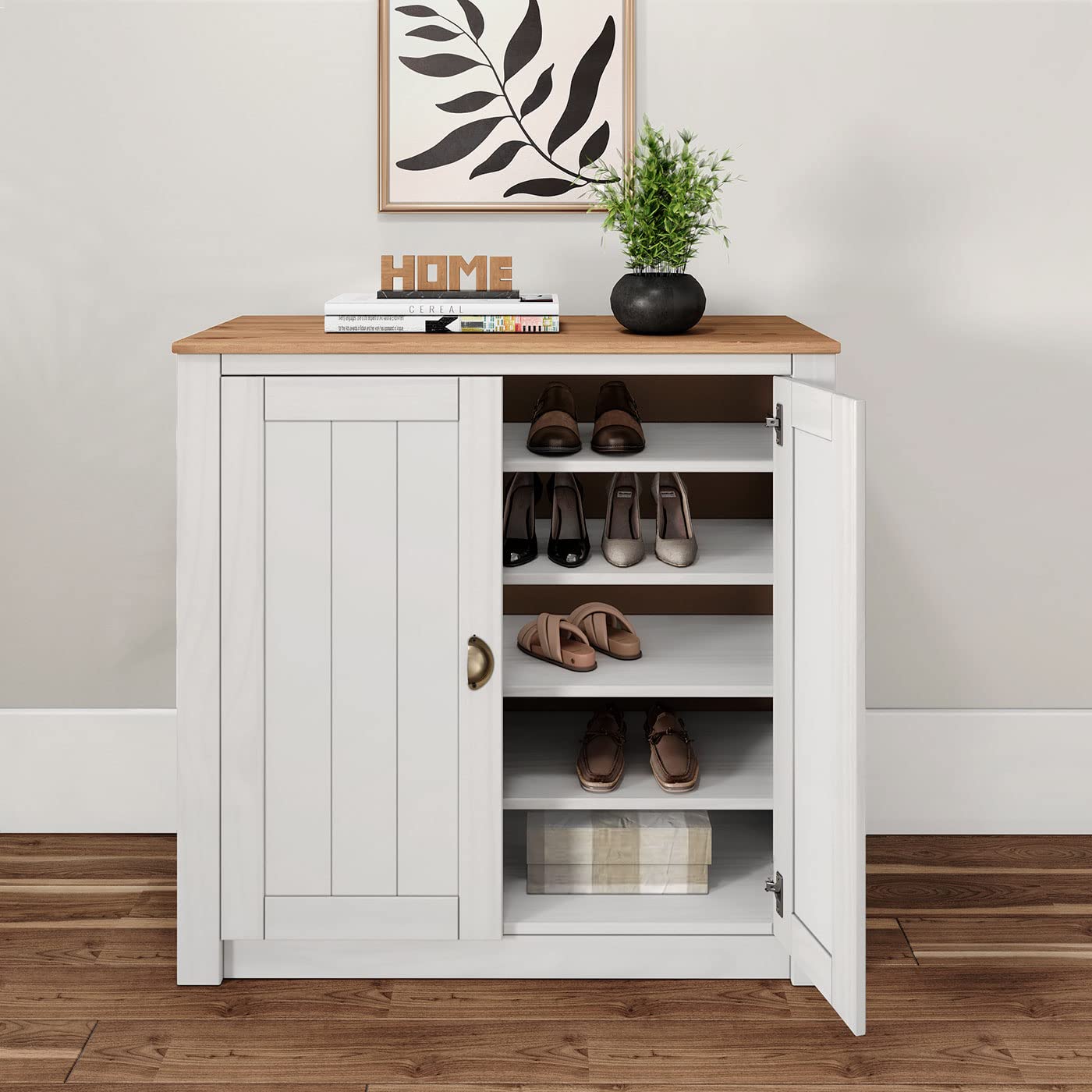 IDIMEX Kommode Bolton aus Kiefer in weiß/braun, Sideboard mit 2 Türen und Muschelgriffen, Buffetschrank aus Massivholz inkl. Einlegeböden