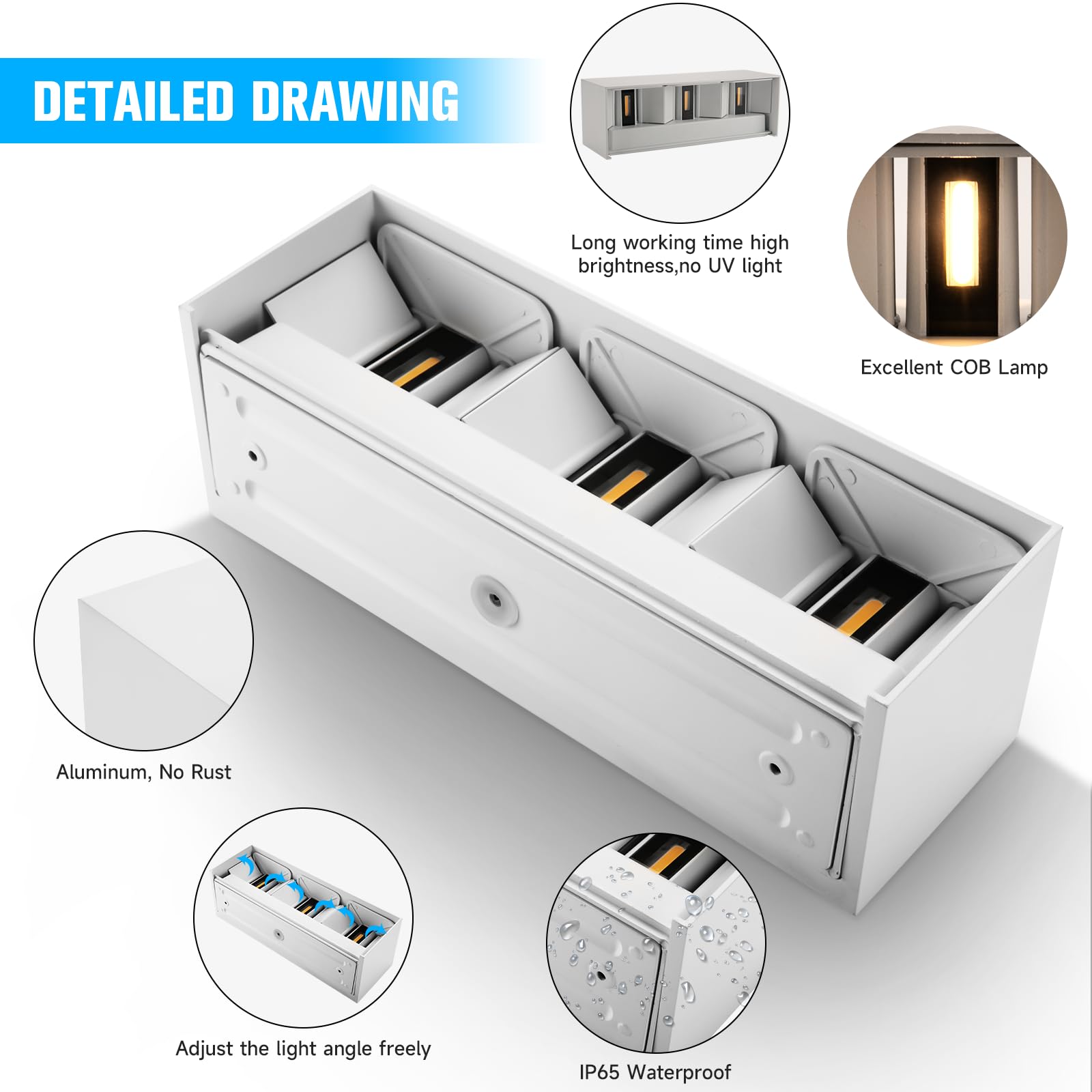 ledmo 30W Applique da Parete Interno/Esterno Angolo Regolabile del Fascio su e giù Lampada da Parete 3000K Bianco caldo IP65 Impermeabile Bianco Applique Esterno