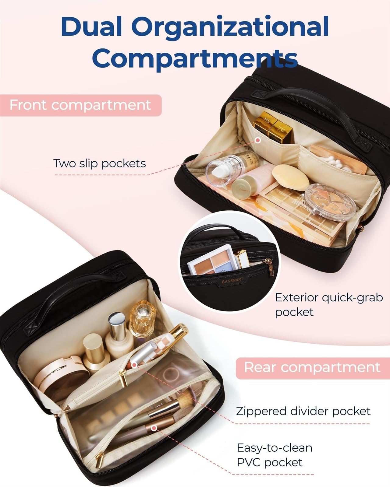 Porta Trucchi Pochette Trucchi Borsa for cosmetici da viaggio Borsa portatile con ampia apertura for gli oggetti essenziali da viaggio delle donne Trousse Trucchi Donna(Black)