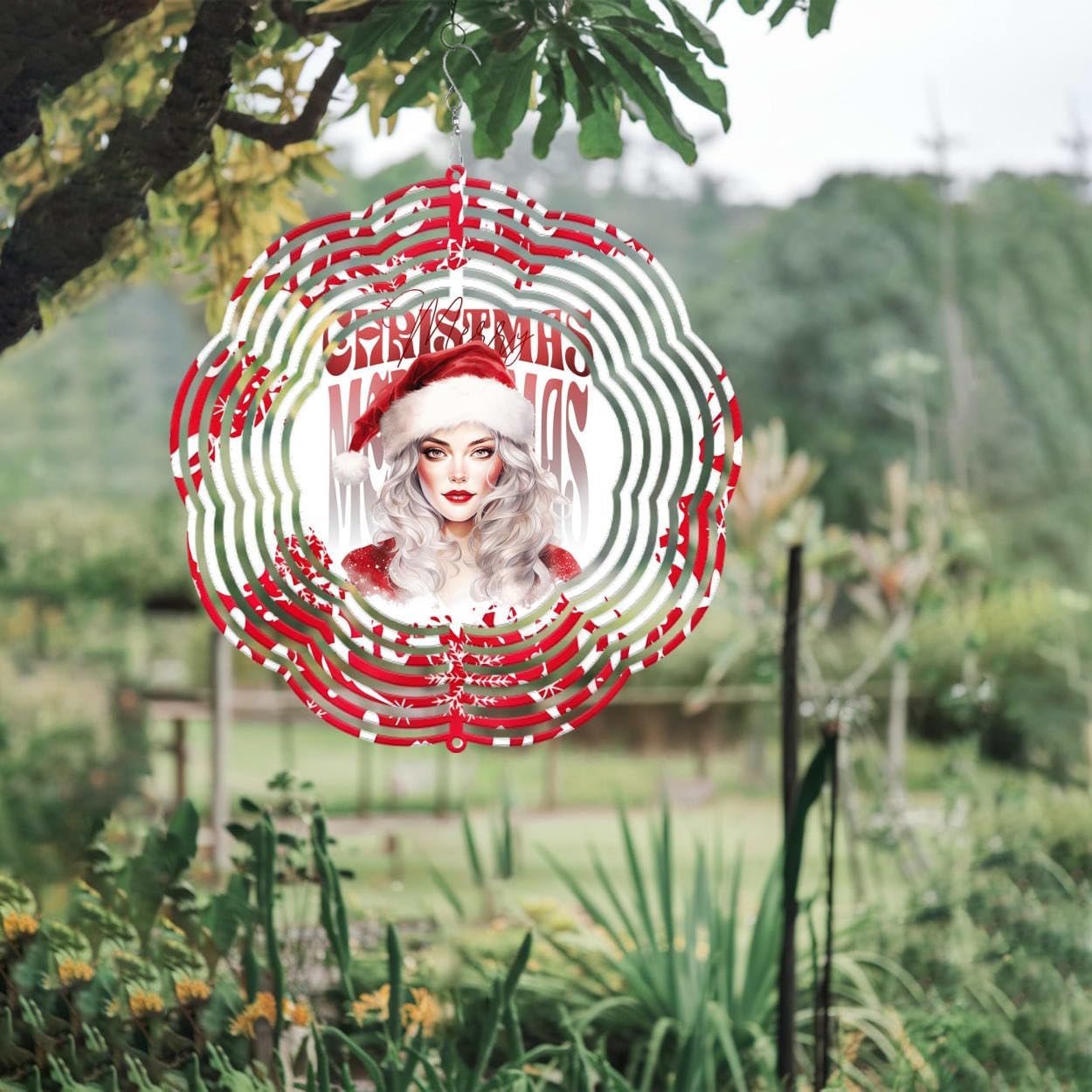 Merry Christmas Hohoho Christmas Wind Spinners 3D Stainless Steel Laser Cut Metal Double Sided Printing-Hanging Indoor/Outdoor Decorations Yard Gardening Decor,Metal Kinetic Art 16x16 inches