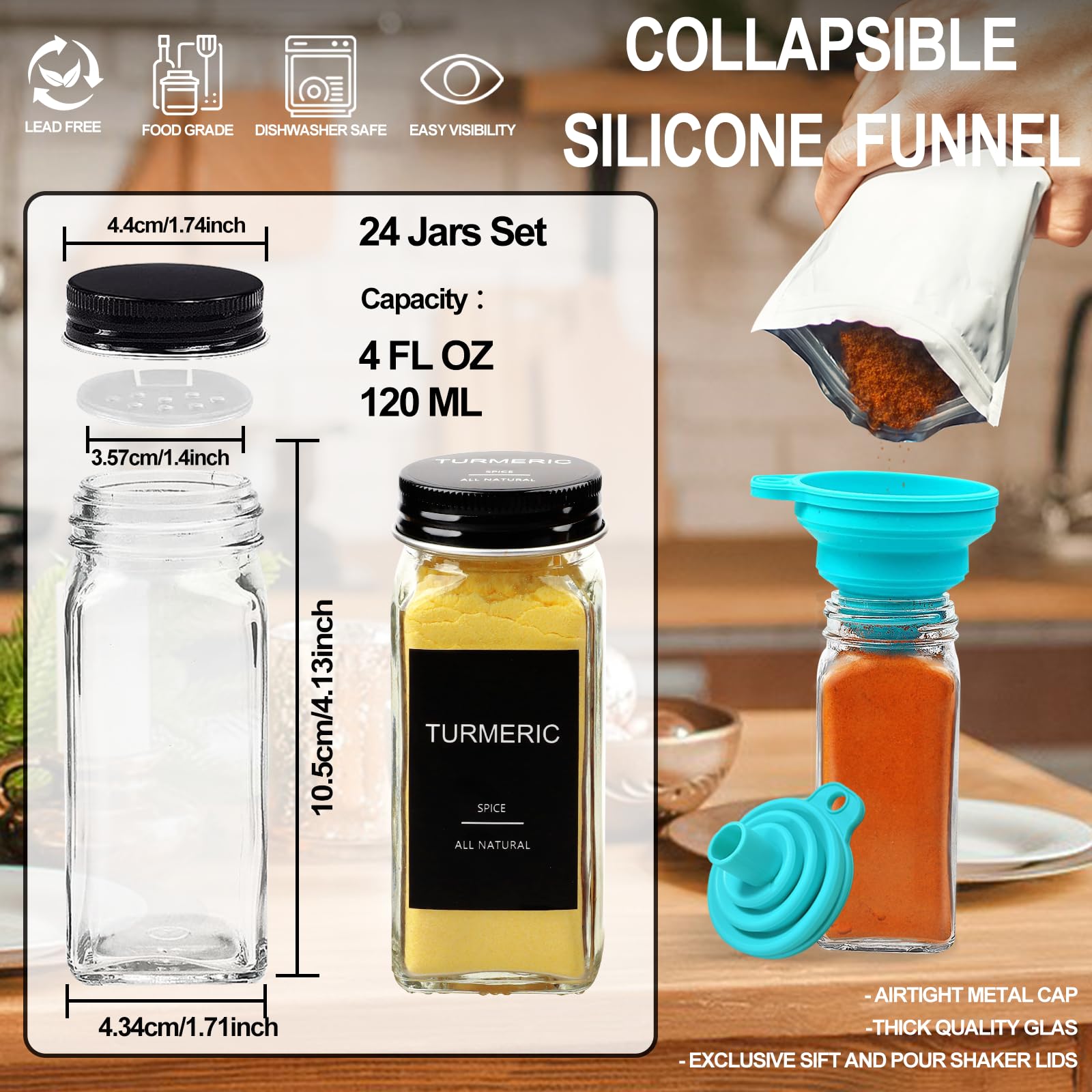 AISIPRIN Lot de 24 pots à épices en verre avec 398 étiquettes, conteneurs carrés vides de 118 ml – Couvercles, entonnoir, brosse et marqueur inclus (bouchons en métal noir)