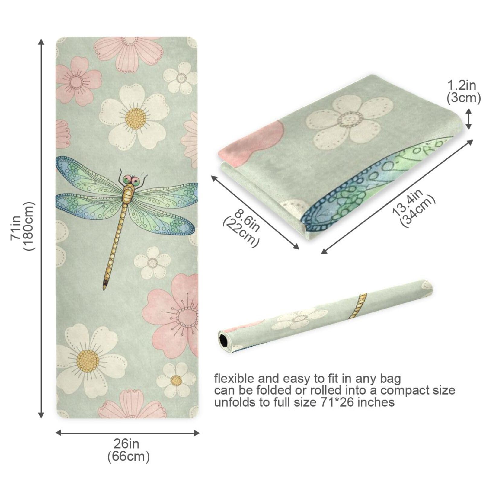 Esterilla de yoga de viaje impresa con diseño de libélula y flores blancas para jardín, plegable, ligera, gruesa de 1 mm, antideslizante, con bolsa de yoga para ejercicio, 180 x 66 cm