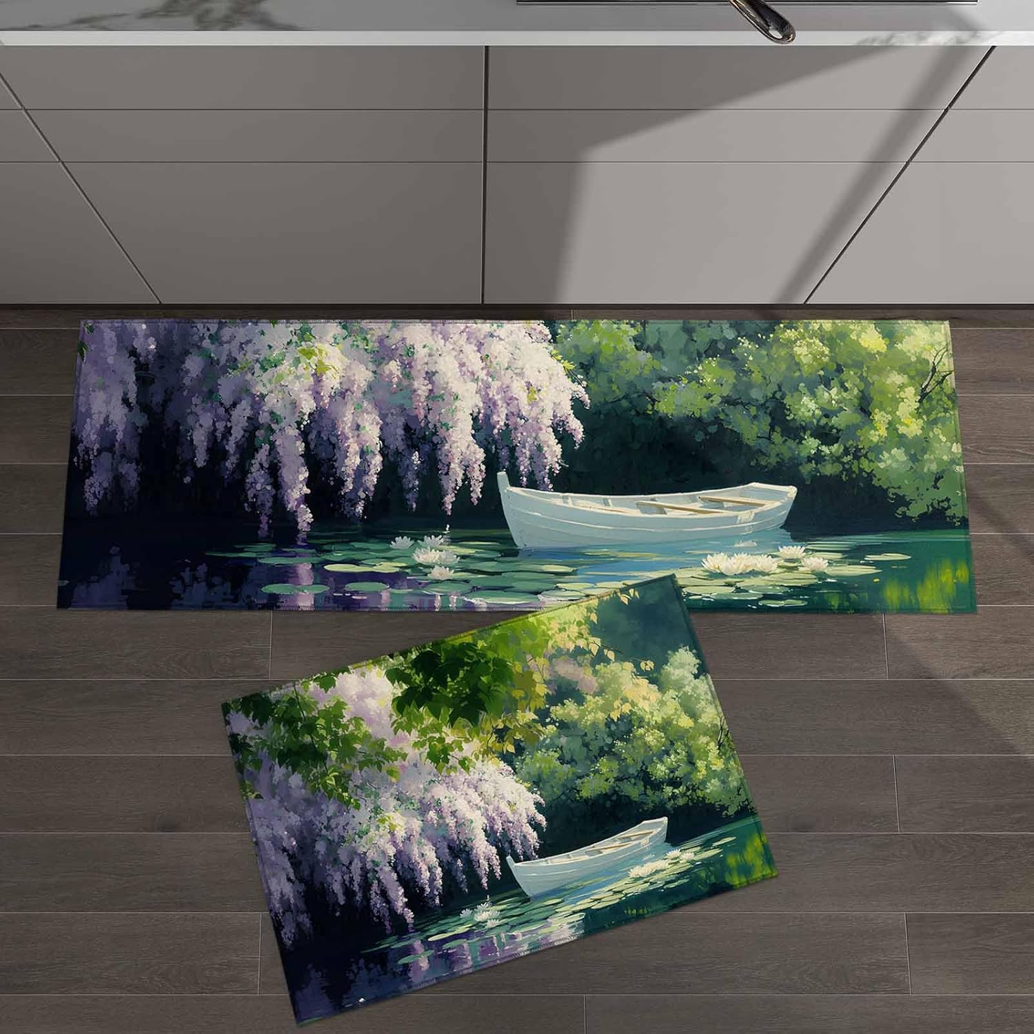 2 Pieces Kitchen Rugs and Mats,Green Tree Leaf Flower Boat on Lake Area Runner Rug Set Non Slip Floor Doormat Washable Carpet Standing Mat for Kitchen Sink Indoor Corridor,Natural Forest Landscape