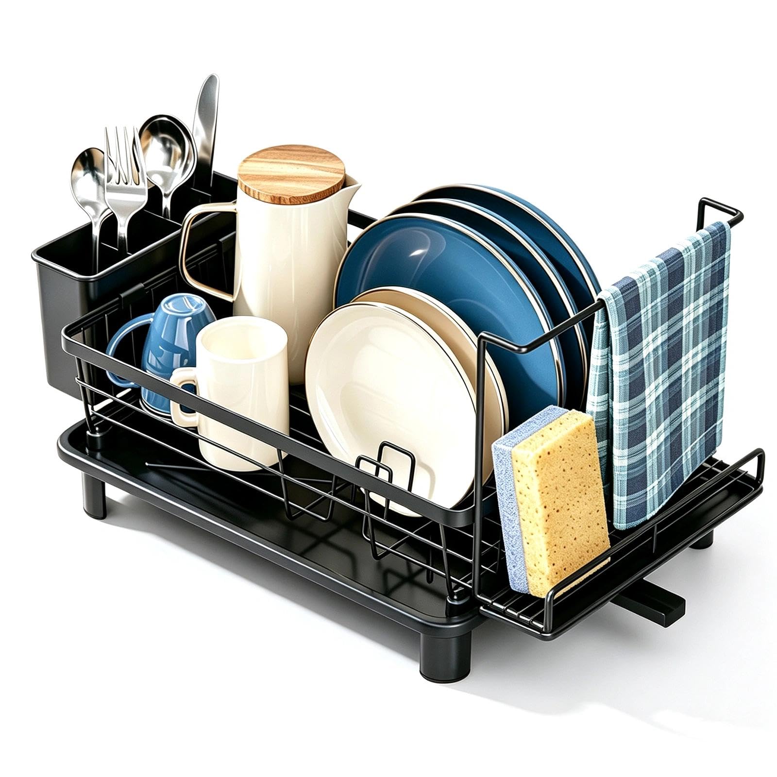 Dish Drainer Rack, Space Saving Kitchen Drainer with Dishcloth Rack, Black
