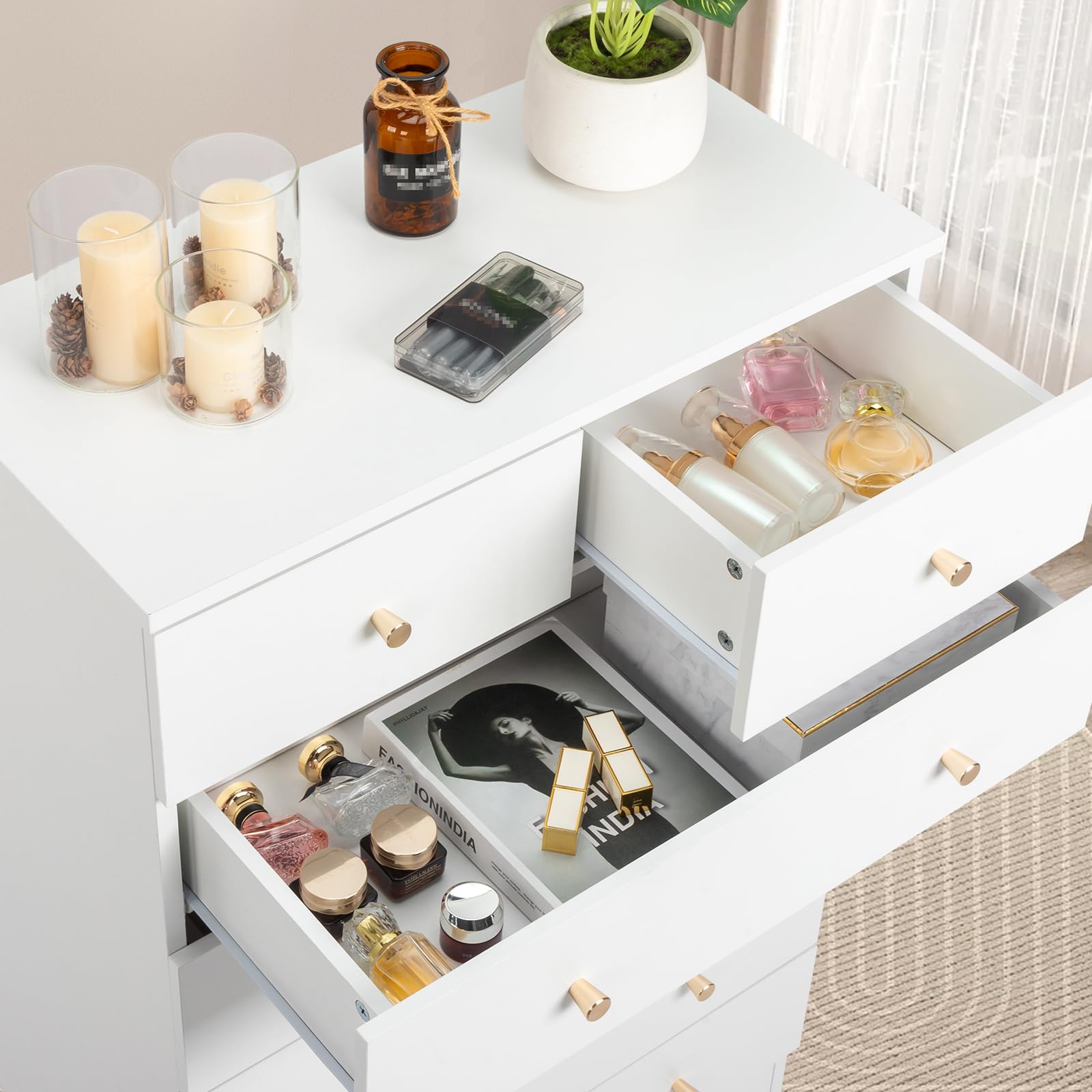 LEADZM Kommode Schlafzimmer Kommode mit 4 Schubladen, für Wohnzimmer, Schlafzimmer, Flur, Schrank, Sideboard, Highboard, viel Stauraum,Weiß