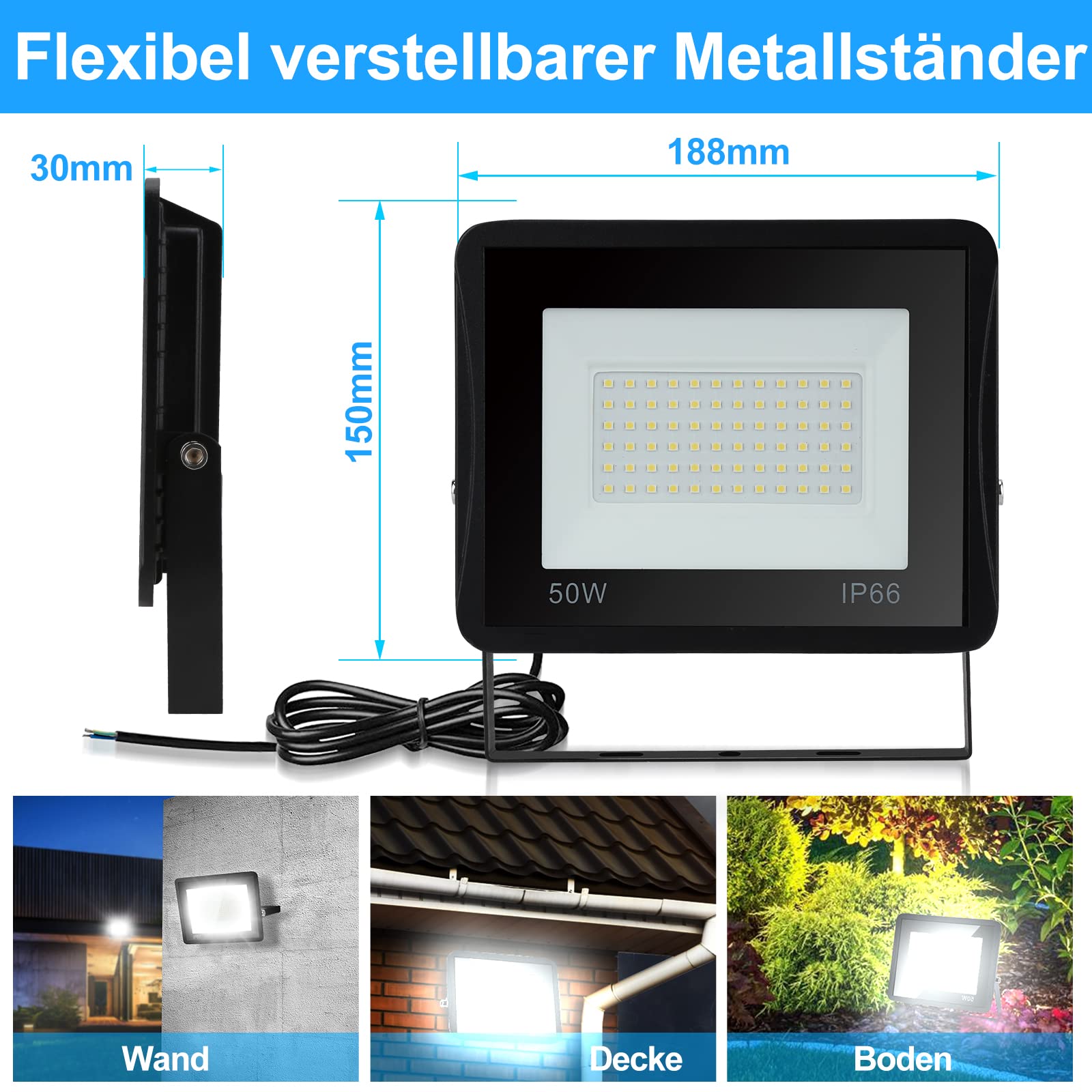 Lospitch Reflektory LED Zewnętrzne, 4PCS 50W IP66 Wodoodporny reflektor LED, 4250LM Super Bright 6000K Zimno Biały, Potężne Zewnętrzne Światła Led na Taras, Garaż (bez wtyczki)