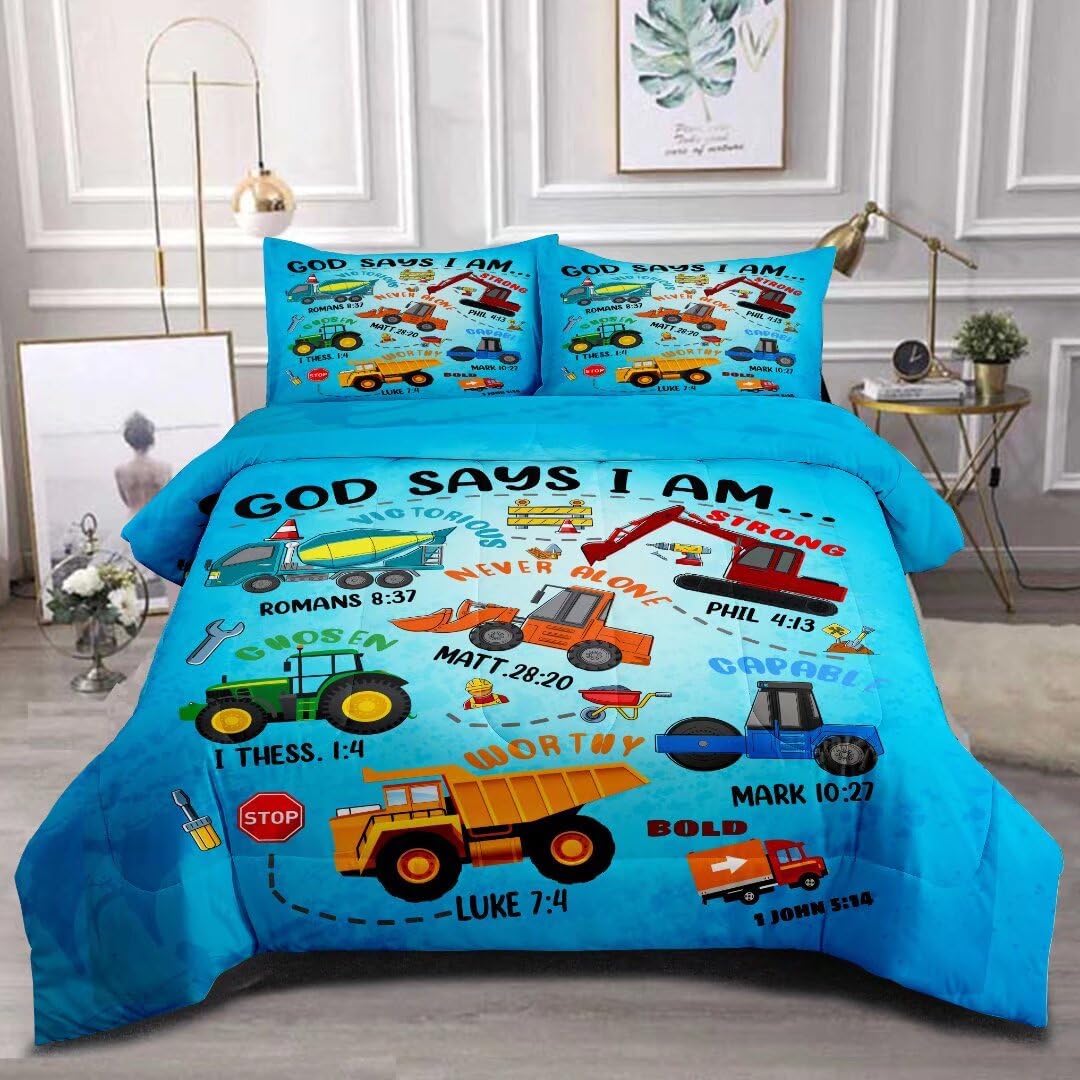 Boys Construction Vehicles Comforter Set, Queen 90x90