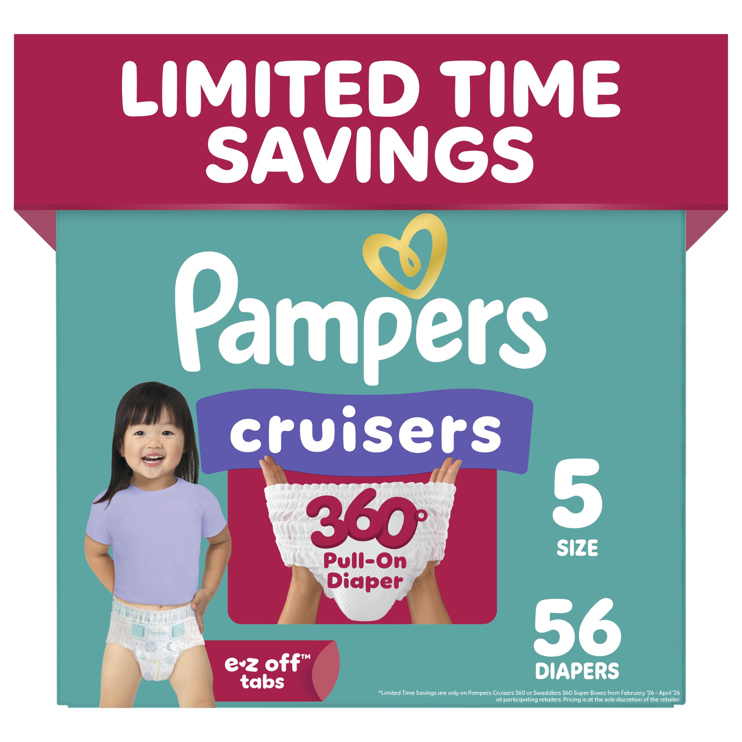 Photo 1 of Pampers Diapers - Cruisers 360 - Size 5, 56 Count, Babyproof up to 100% Leakproof Pull-On Diaper