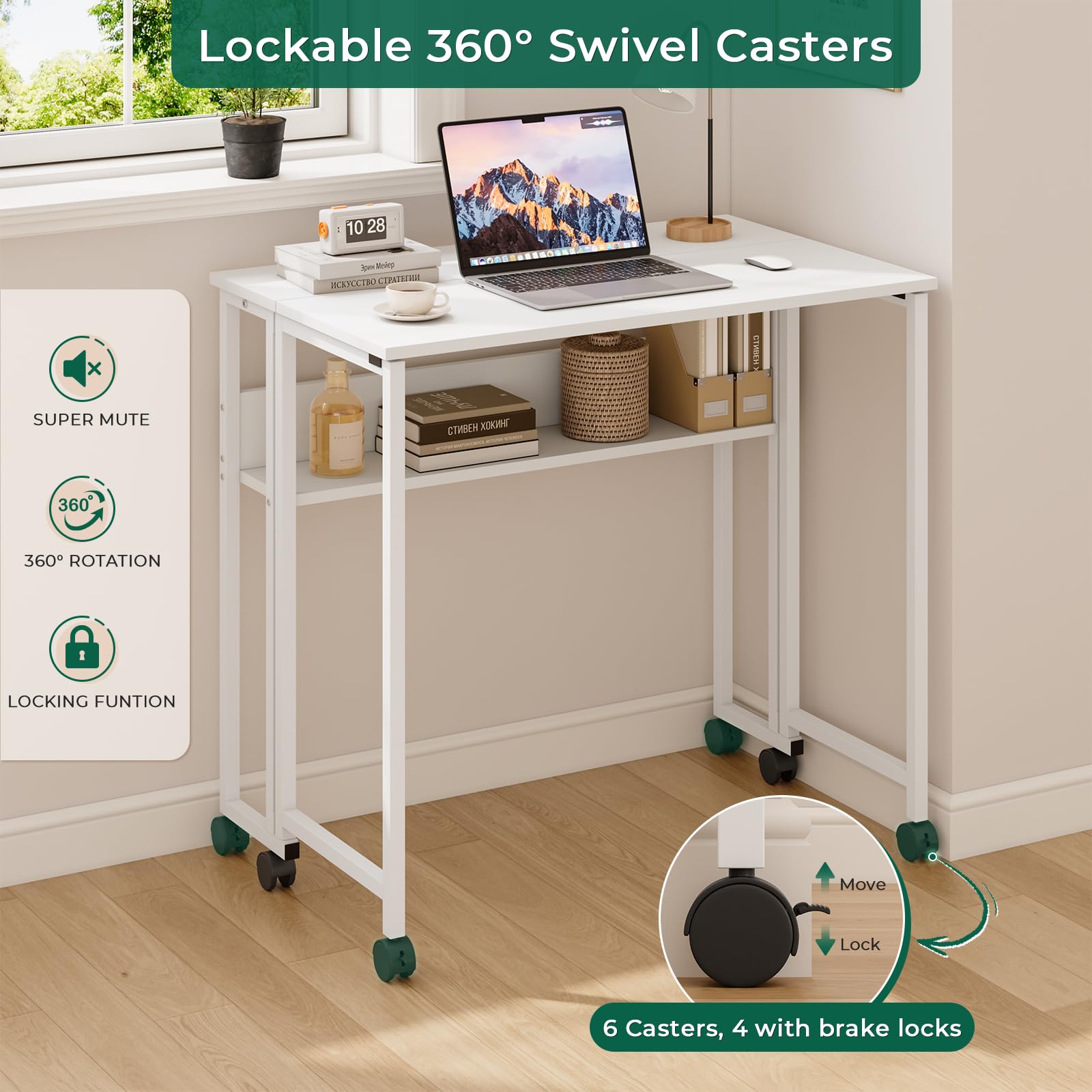 Dripex Klapptisch mit Rollen 80x50 cm, Platzsparender Klappschreibtisch Computertisch Faltbar Tisch mit Stauraum, Schreibtisch Klappbar für Homeoffice Arbeitszimmer, Weiß
