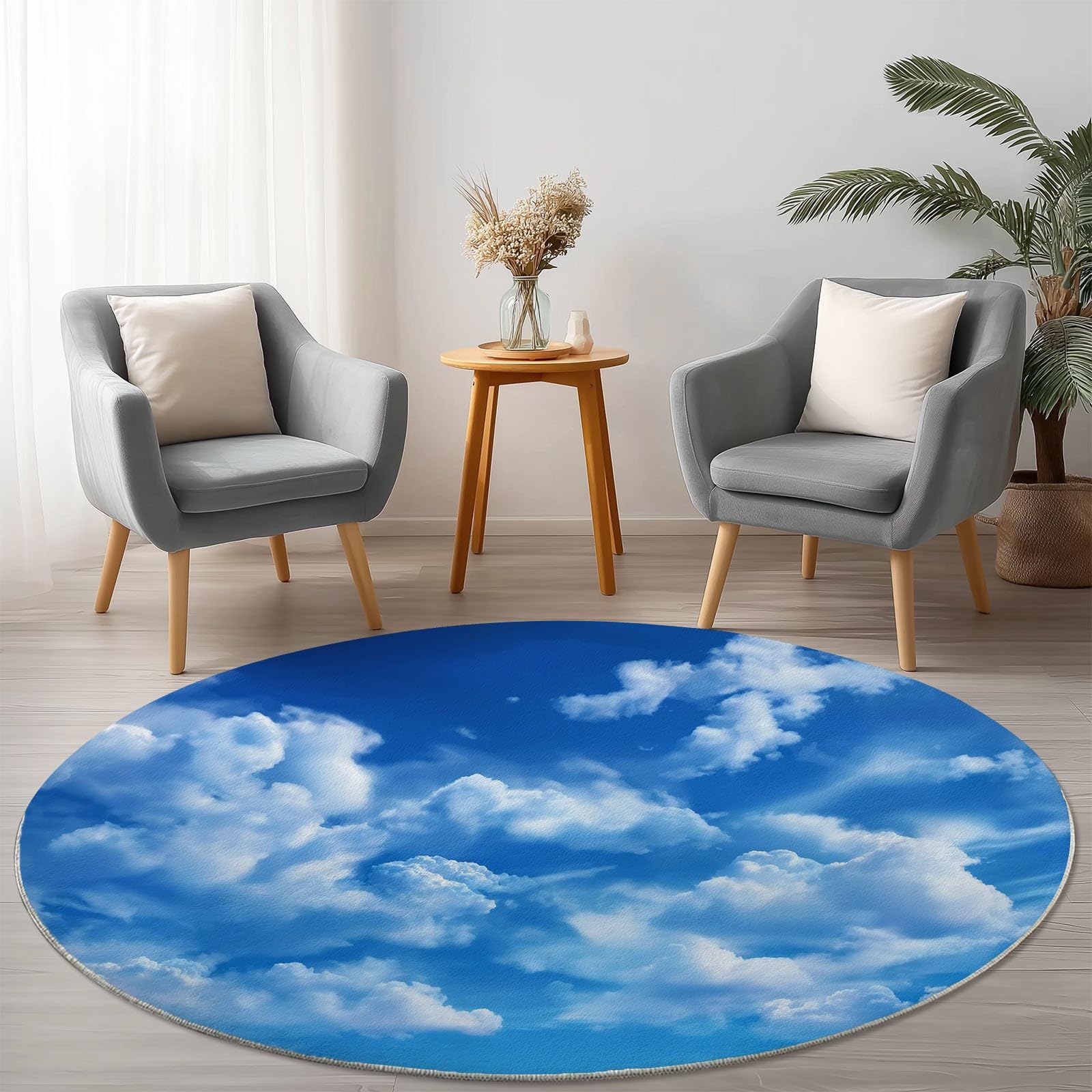Tappeto Rotondo Fotografia Stile 90cm, Morbido Antiscivolo Lavabile Salotto Passatoia Realismo Cielo Azzurro Nuvole Bianche Tappeto Stampato per Bambini Cameretta Cucina Casa Zona Balcone Blue