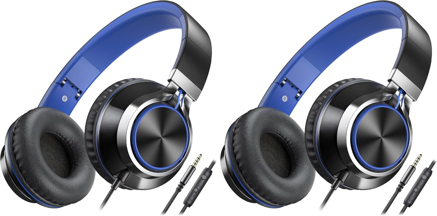 AILIHEN C8 Headphones Wired, On-Ear Headphones with Microphone and Volume Control Foldable Corded Stereo 3.5mm Headset for Smartphones Chromebook Laptop Computer PC Tablets Travel(Black/Blue)