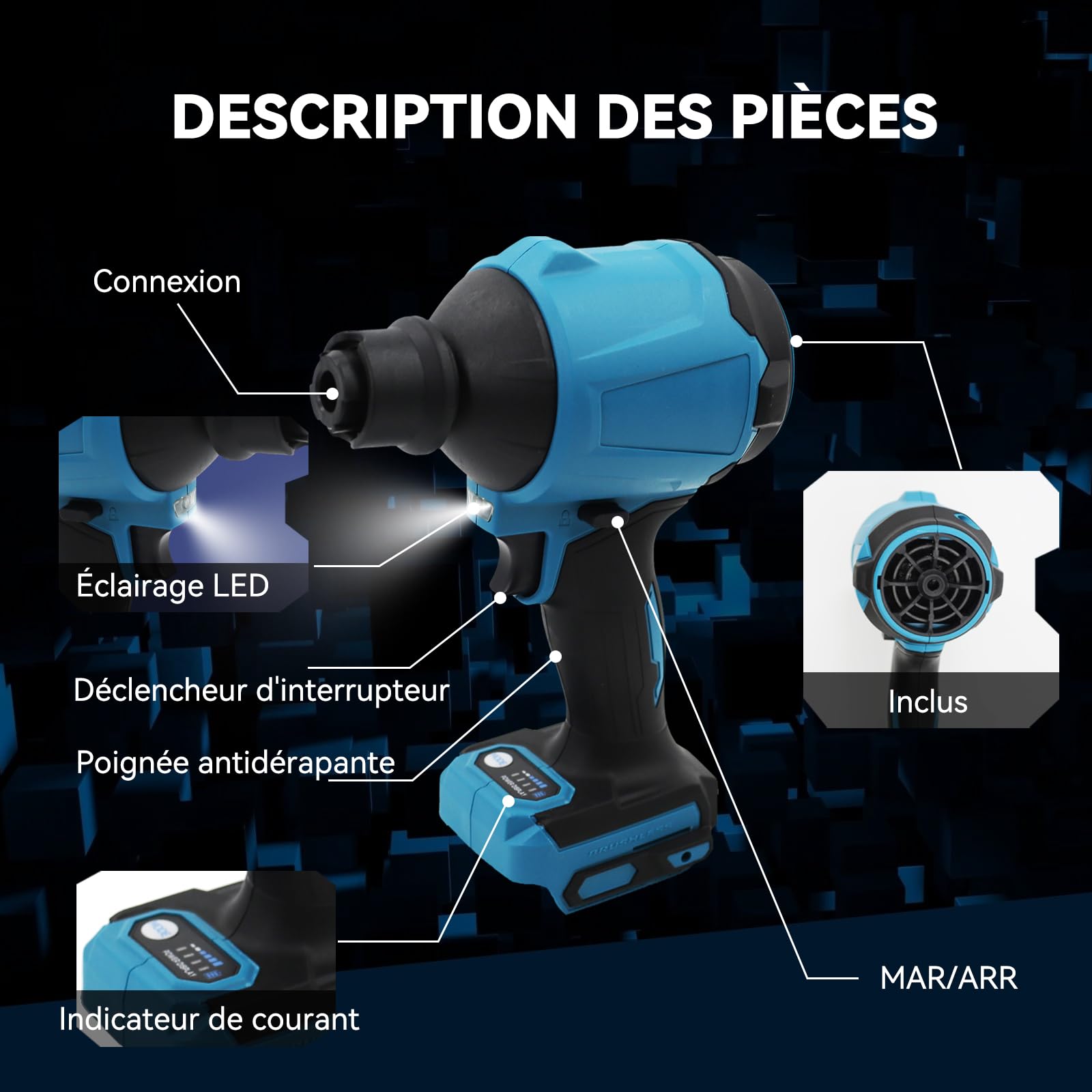 Souffleur haute vitesse 447 MPH sans balais compatible avec batterie Makita 14,4 V/18 V pour garage, atelier, nettoyage de la maison, outils uniquement, sans batterie