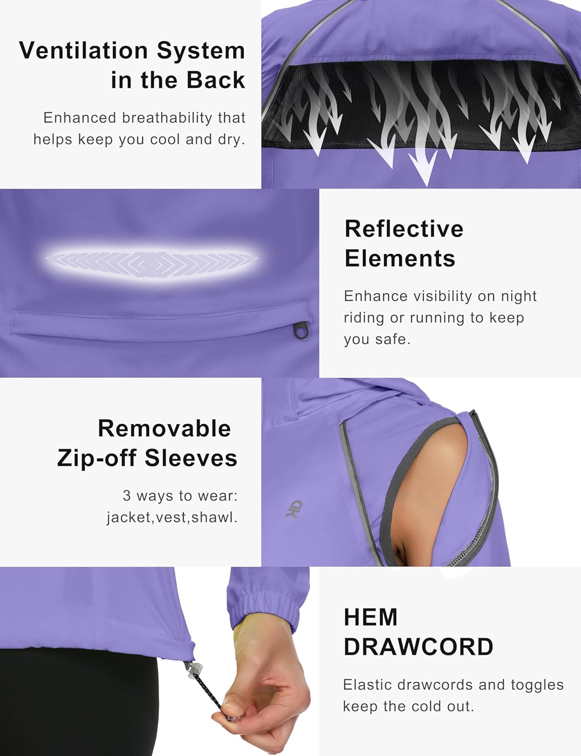 Little Donkey Andy Women's Lightweight Waterproof Cycling Jacket with Removable Sleeves & Hood for Biking Running Golf