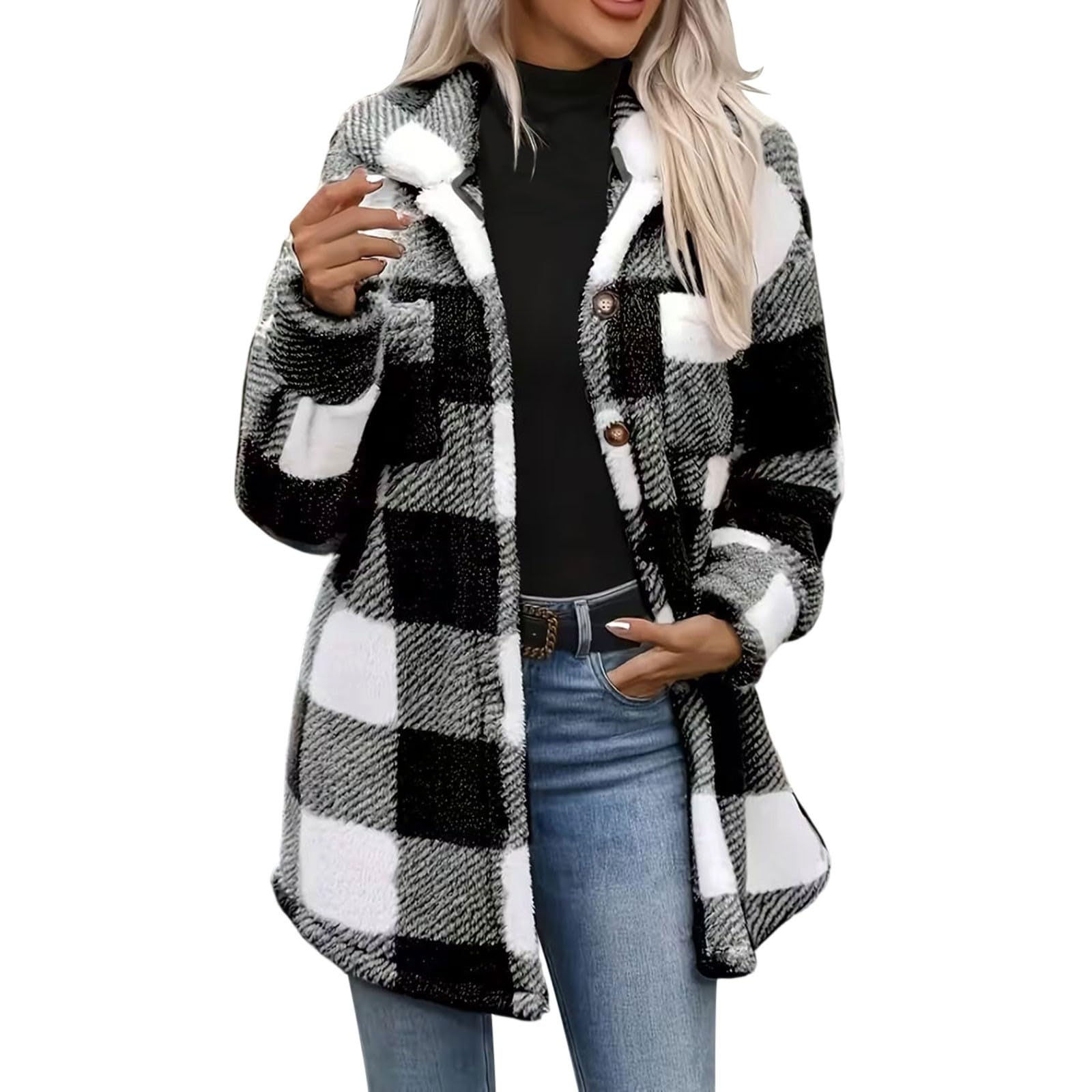 Karierte Fleecejacke Damen Lang mit Kapuze Winterjacke Plüschjacke