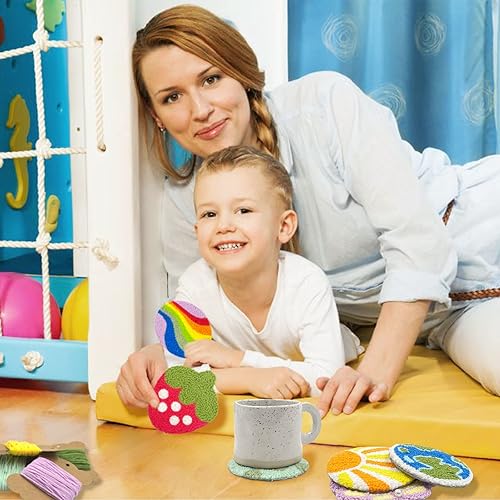 Miniatura 7 de HAND U JOURNEY Kit de posavasos de aguja perforadora para manualidades, 6 patrones con fieltro adhesivo, hilos, aro de bordado, perfecto para