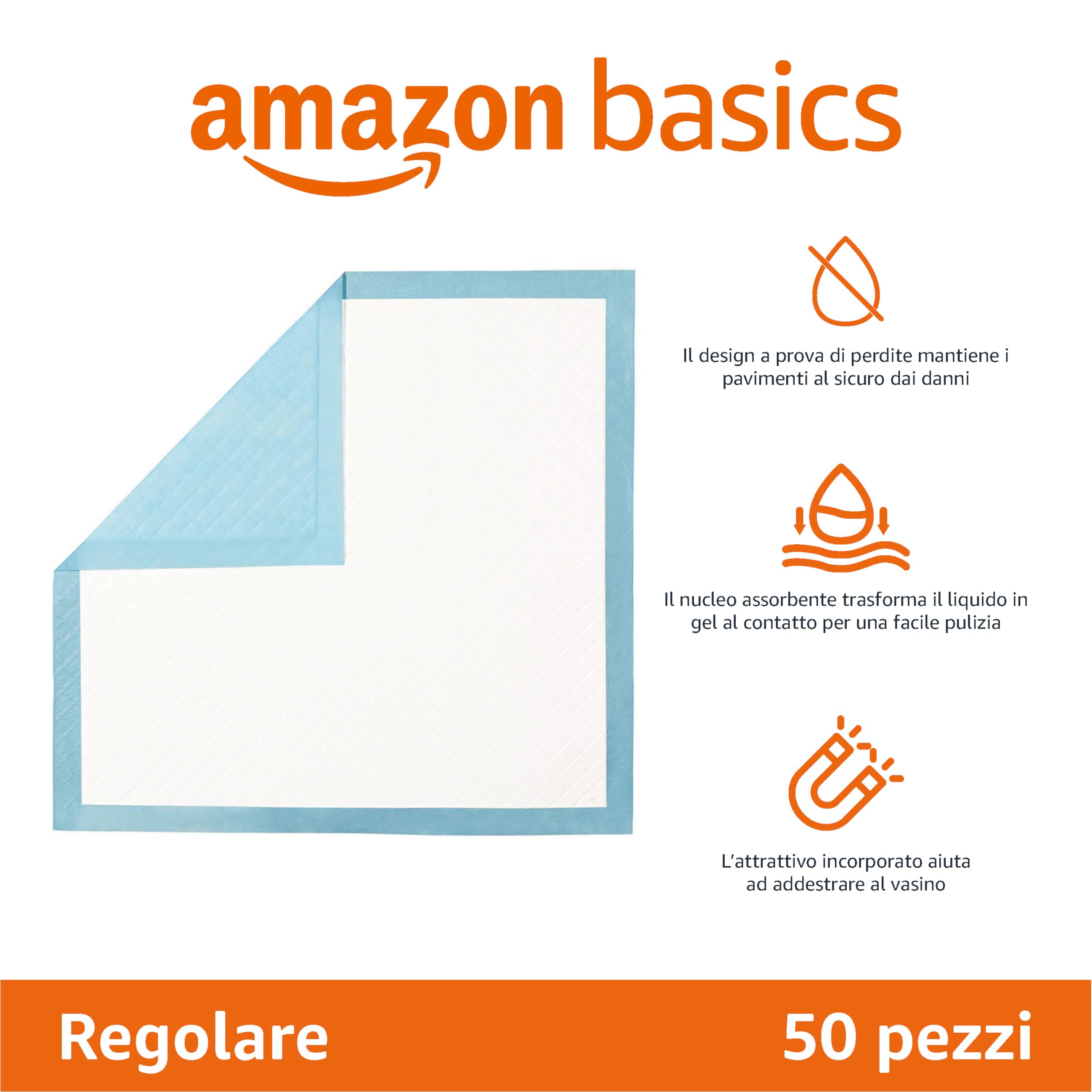 Amazon Basics Tappetini resistenti per l'addestramento di cani e cuccioli, a prova di perdite con superficie ad asciugatura rapida, dimensione standard, confezione da 50, Blu