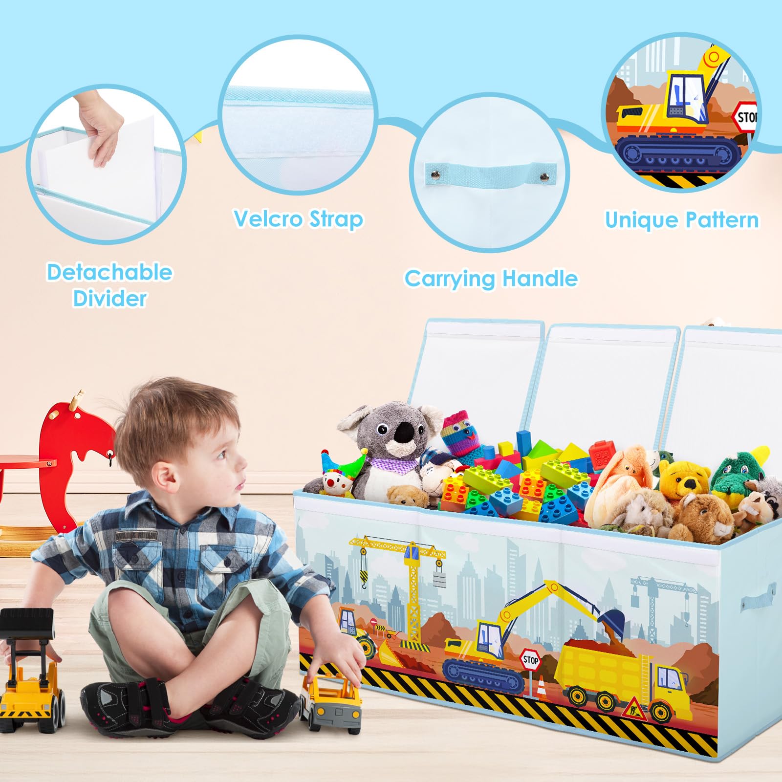 Extra Groß Aufbewahrungsbox, Faltbare Spielzeugkiste mit Deckel&Griff, Oxford spielzeug aufbewahrung für Kinder,Mädchen und Jungen,Spielzeugbox im Kinderzimmer,96×32×40 cm,Baumaschine