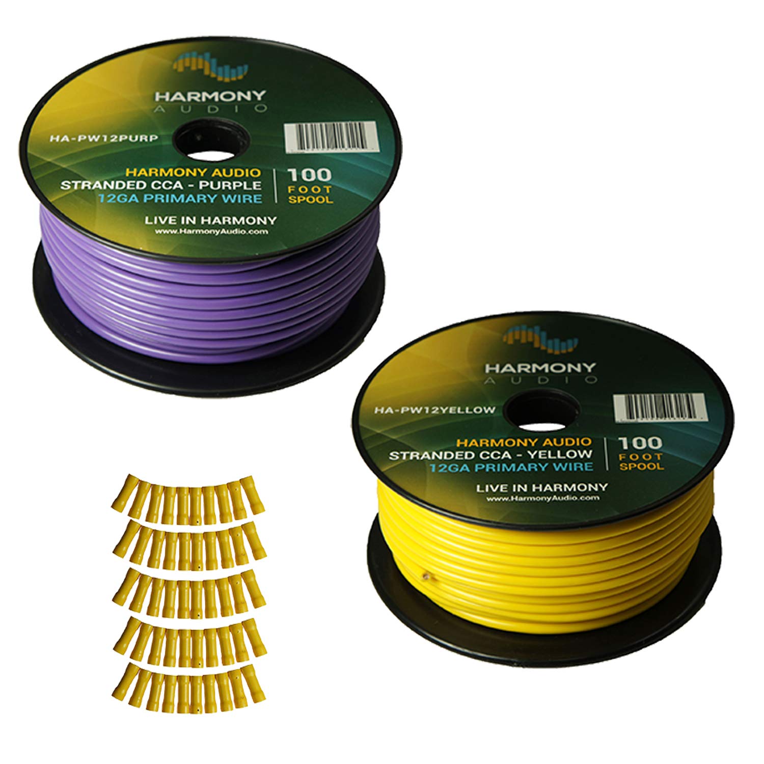 Harmony Audio Primary Single Conductor 12 Gauge Power or Ground Wire - 2 Rolls - 200 Feet - Yellow & Purple for Car Audio/Trailer/Model Train/Remote