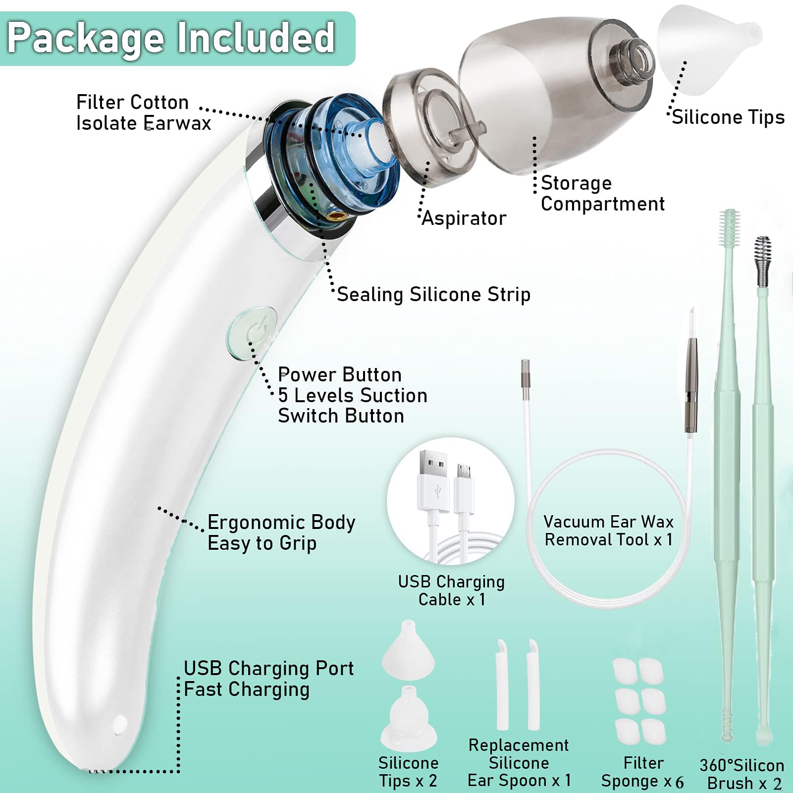 Pulisci Orecchie Elettrico, Aspiratore Auricolare Elettrico,Pulisci Orecchie,Rimozione Cerume Auricolare per Una Pulizia Profonda, Adatto A Bambini E Adulti (Bianco-1)