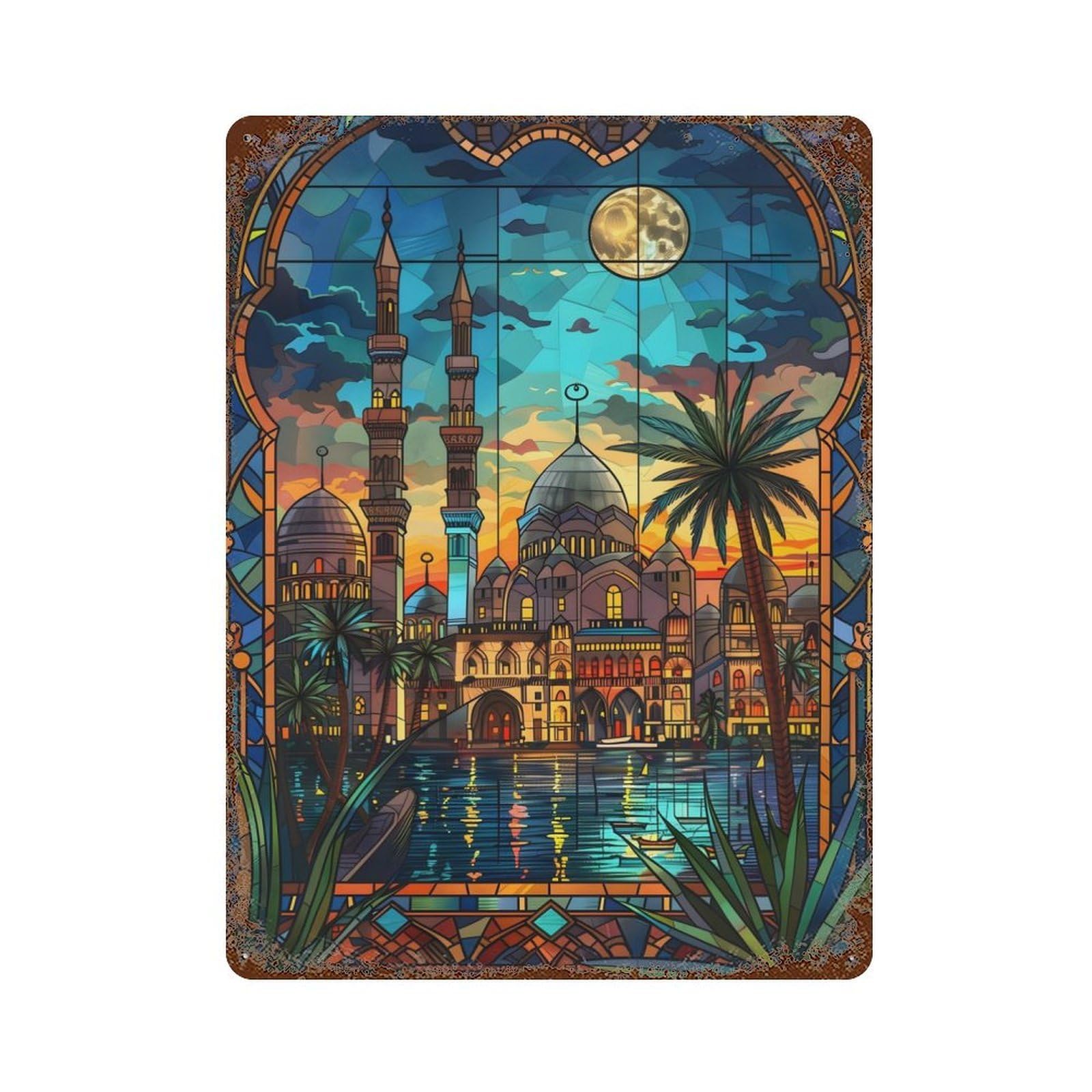 Cairo Moonlit Serenity 15.7"x11.8" Rusty Metal Tin Sign, Novelty Wall Decor for Cafe, Home Bar And Lounge Decor