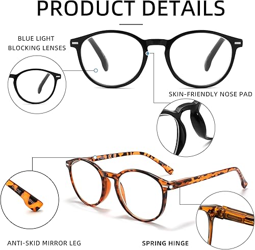 Miniatura 3 de Paquete de 5 lentes de lectura con bloqueo de luz azul para mujeres y hombres, bisagra de resorte UV400, lentes redondos para lectura de computadora