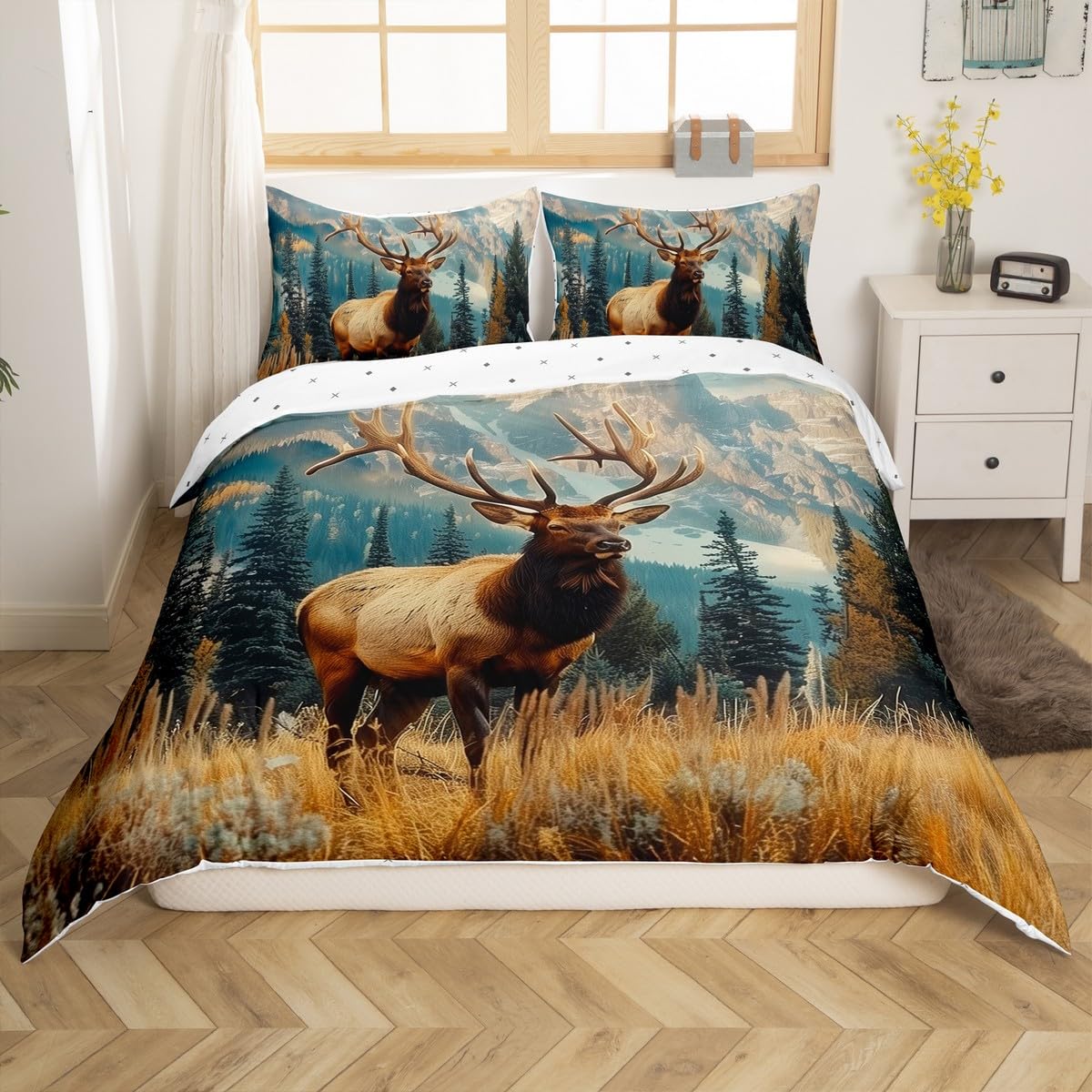 Homemissing Deer Duvet Cover Set Deer Antler Bedding Set for Kids Boys Girls Rural Hunting Theme Comforter Cover Rustic Woodland Quilt Cover Room 2Pcs Single Size,Zipper,No Comforter