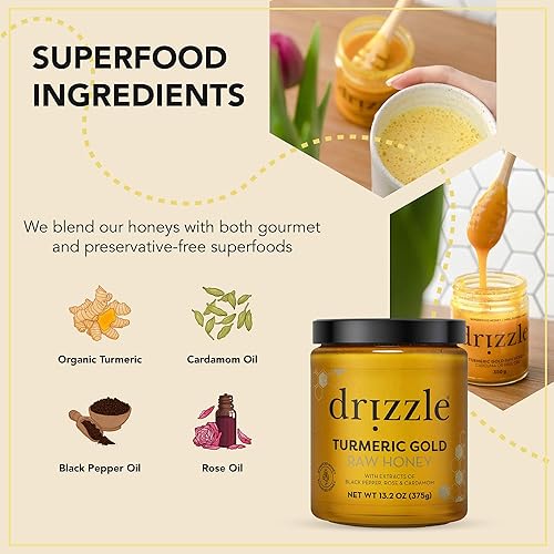 Miniatura 3 de Drizzle Miel cruda de cúrcuma Gold - Mezcla antiinflamatoria de superalimentos - rica en nutrientes y enzimas beneficiosas - Notas de cardamomo -