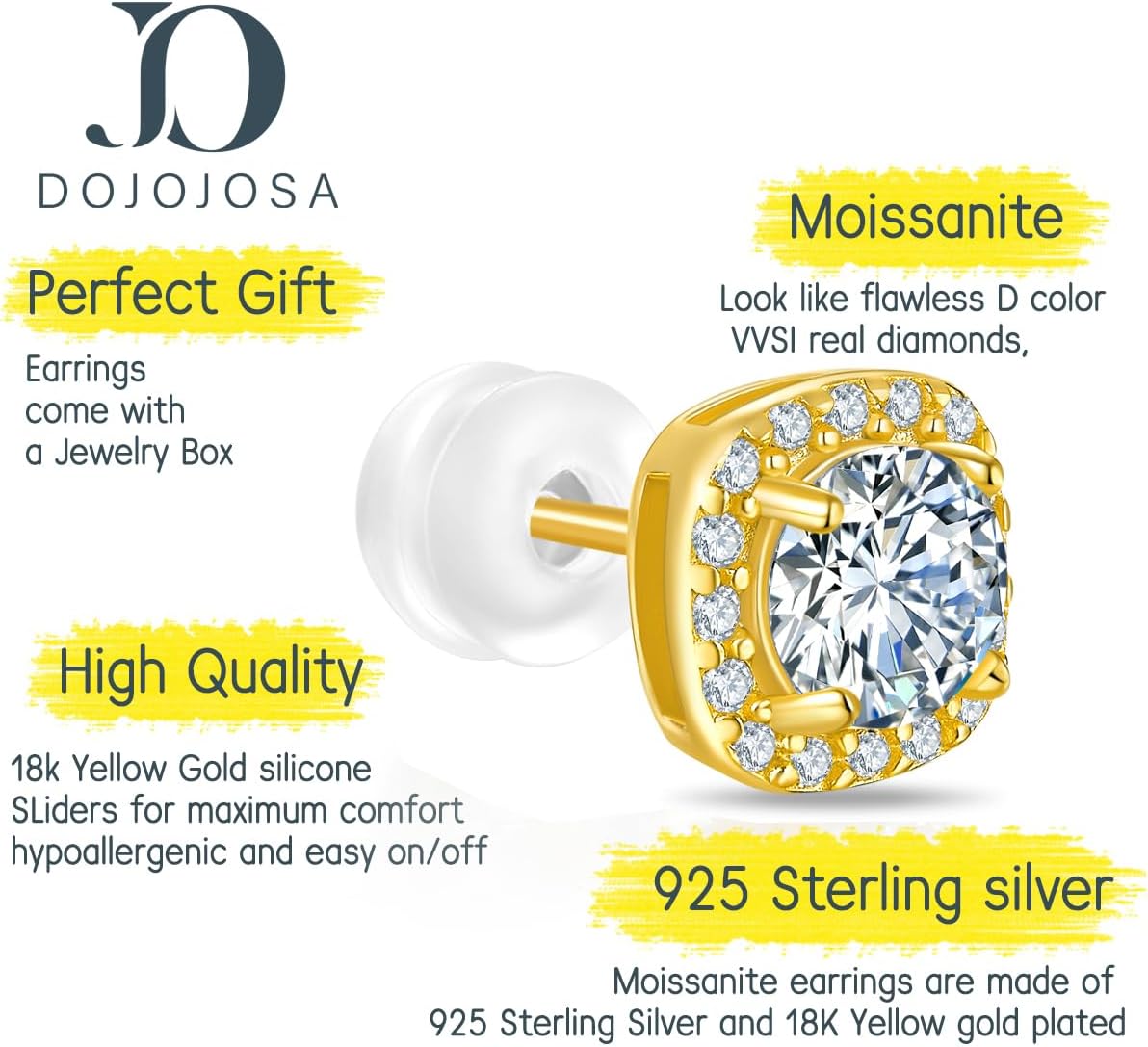 Moissanite Stud Earrings 925 Sterling Silver Lab Created Earrings for Women Men DOJOJOSA Jewelry Gifts - Image 2