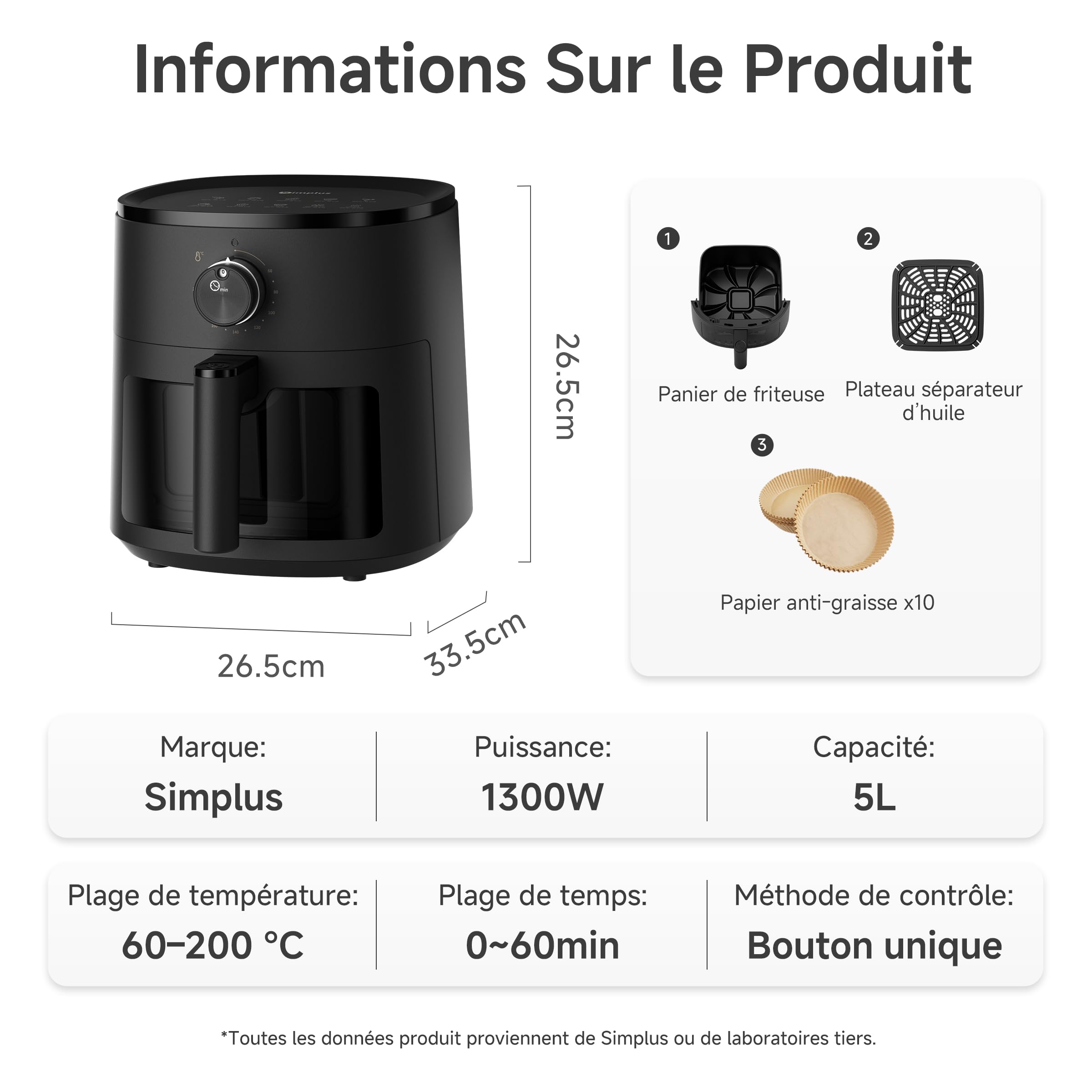 SIMPLUS Air Fryer 5L avec Fenêtre Visible, Friteuse sans Huile 1300W, 10 Menus Guidés, Contrôle par Molette, Compacte, 43dB Silencieuse, Cuisson Vapeur, 60-200°C, Jusqu'à 2-5 Personnes, Noir