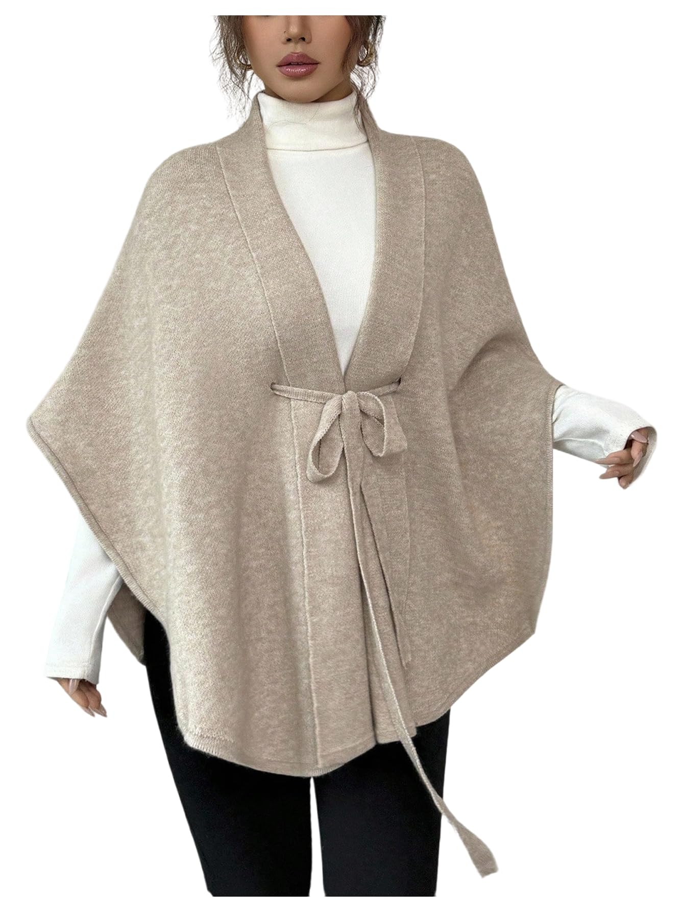 GORGLITTER Womens Elegant Poncho Tops Bow Tie Open Front Sweater Shawl Wraps Knit Fall Winter Outfits