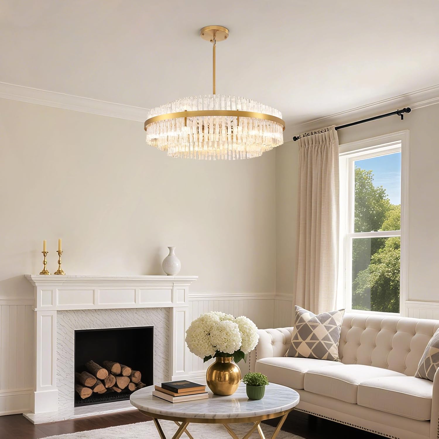 Siljoy 24-Light Modern Crystal Chandelier, Large Gold Round 3-Tiers Raindrop Crystal Chandelier, Luxury Dimmable Flush Mount Pendant Ceiling Light Fixture for Living Dining Room Entry Foyer D39.4''