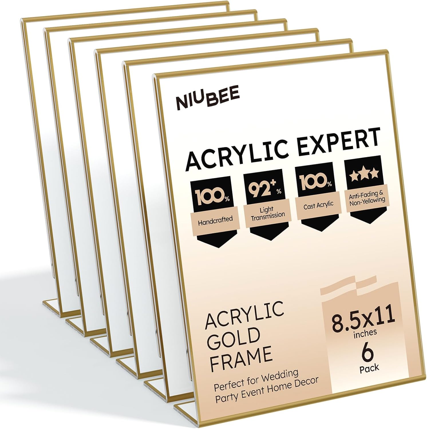 NIUBEE 8.5 x 11 Gold Frames, 6 Pack Acrylic Slanted Back Gold Picture Frames for Signs, Menu, Flyer and Art Display, Perfect for Wedding, Party, Event, Shop