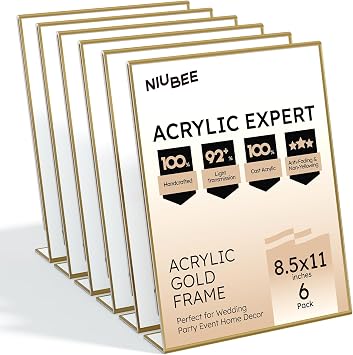 NIUBEE 8.5 x 11 Clear Acrylic Sign Holder, 6 Pack Gold Frames