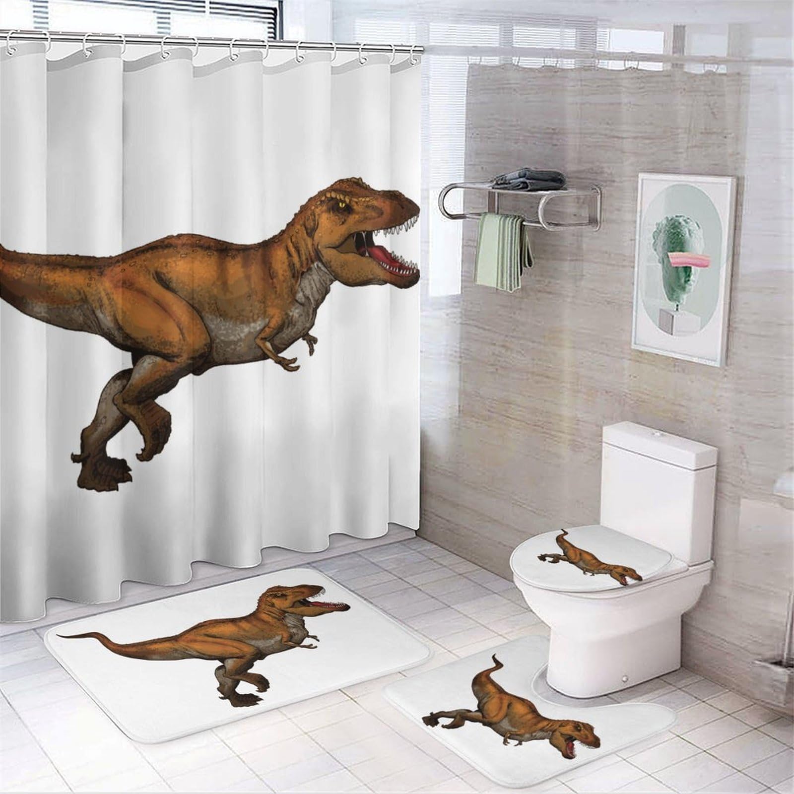 JZemdybill Bathroom Mat Set 4 Piece, Walking Dinosaurs Shower Curtain with Non-Slip Bath Mats for Bathroom