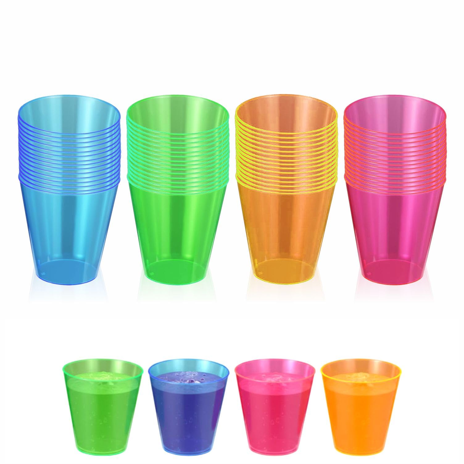 LORD C Plastic neon Shot Multi Use Glasses Reusable Rainbow for Indoor Outdoor Use BBQs, Picnics, Weddings and Camping, Beach, Essential Cup Festival Glow in Dark Neon Glasses (60)