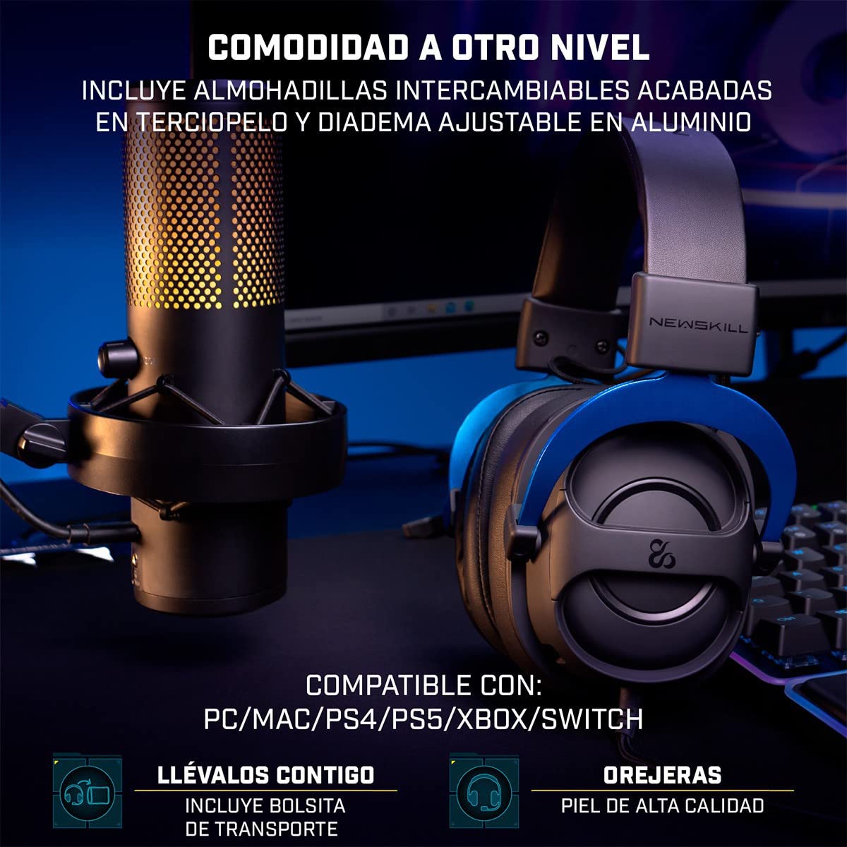 NewSkill Sylvanus PRO Cuffia da gioco cablata, microfono rimovibile, suono surround 7.1, cavo jack da 3,5 mm, USB, archetto regolabile, compatibile con PC/PS4/PS5/Mac/XBOX/Android, nero