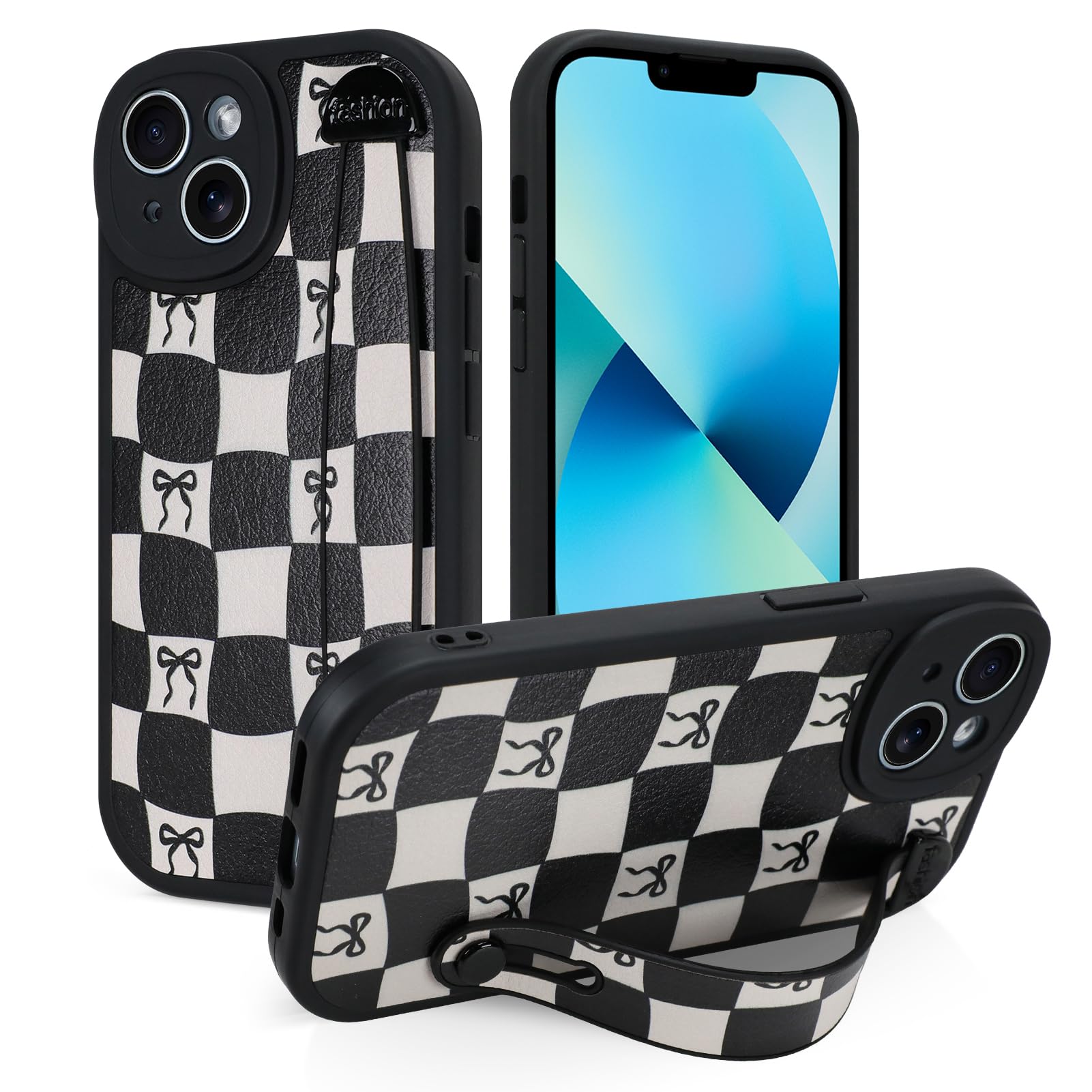 Jefonha Compatible with iPhone 13 Case with Strap, Classic Checkered Checkerboard Bow Phone Case with Finger Strap Kickstand, Shockproof Protective