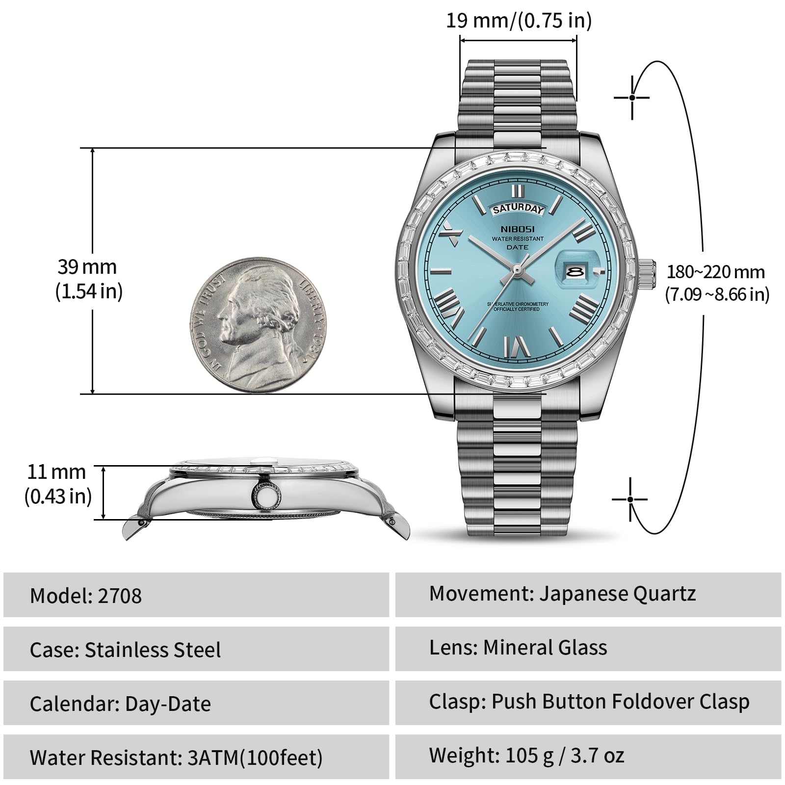 NIBOSI Men's Watches Analog Quartz Diamond Bezel Stainless Steel Dial Rose Gold Silver Watches for Men Waterproof Business Classic Dress Wrist Watch with Day Date