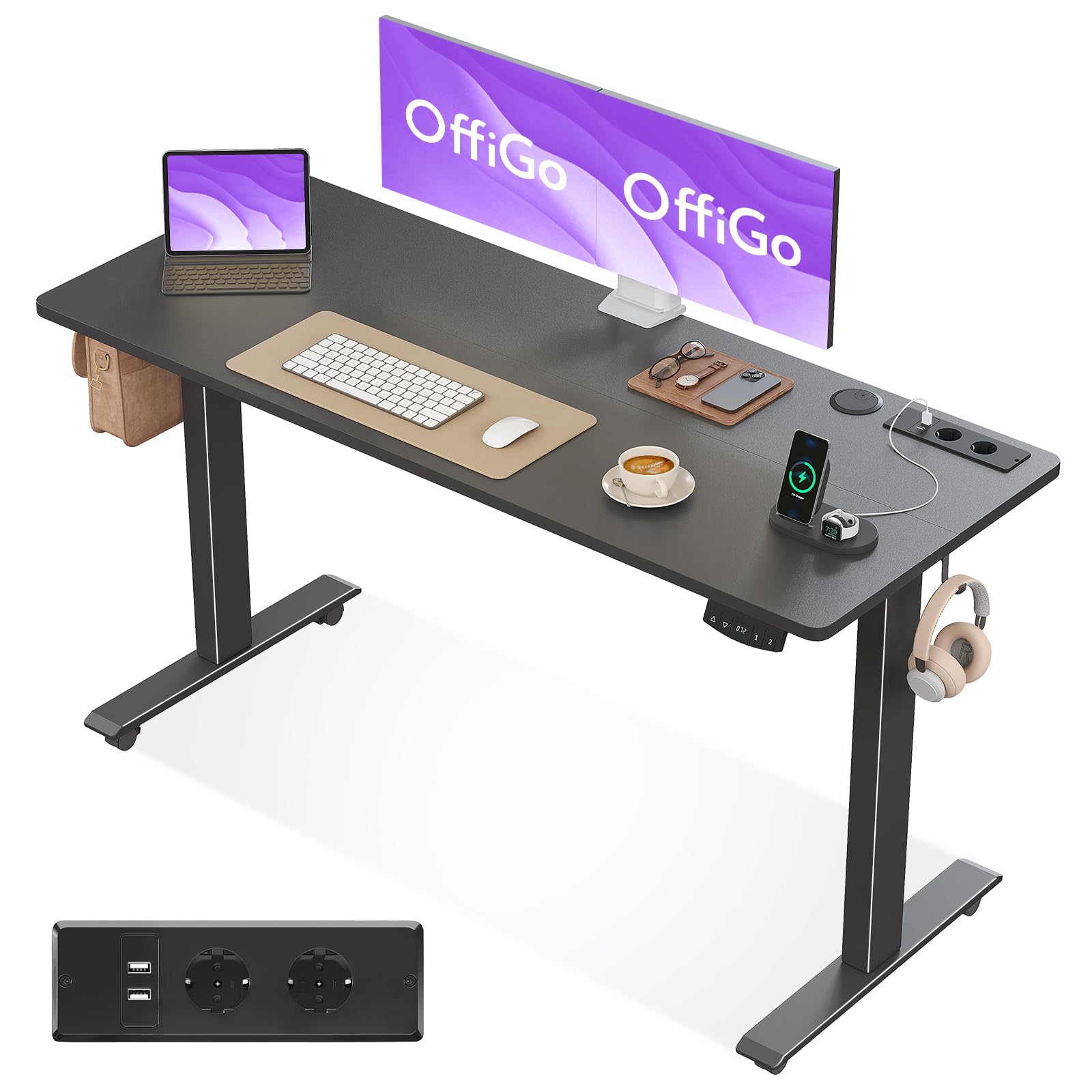 OffiGo Escritorio Elevable, 140cm, Mesa Elevable Escritorio con Carga USB, Mesa Regulable Altura con 2 Memorias, Escritorio Elevable para Oficina, Casa, Juegos, Negro