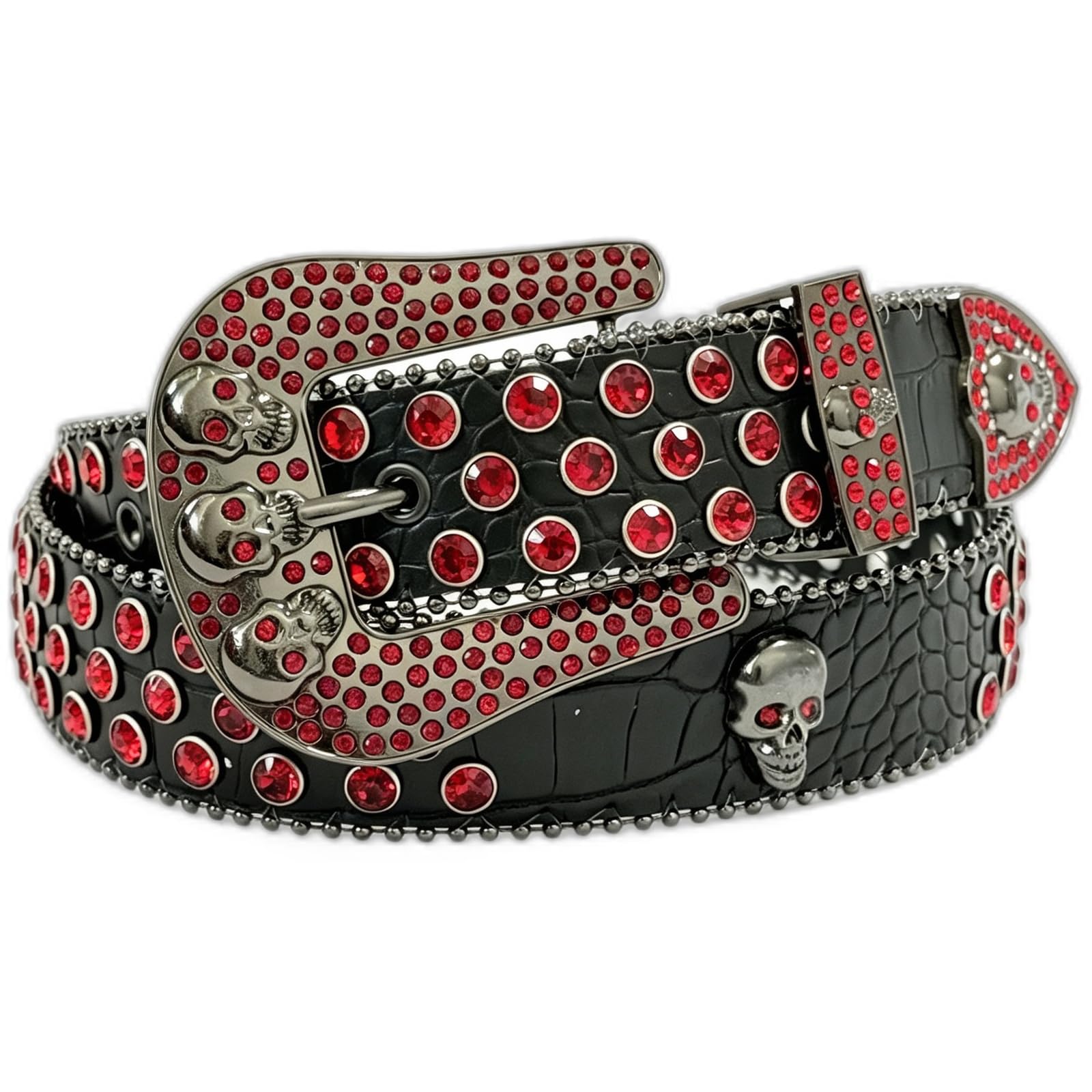 AGUTALITHIC Rhinestones Studded Belt Sparkly Sequin Shine Engraved Skull Head Western Leather Strap with Crystal Prong Buckle(130cm/51, Red 2)